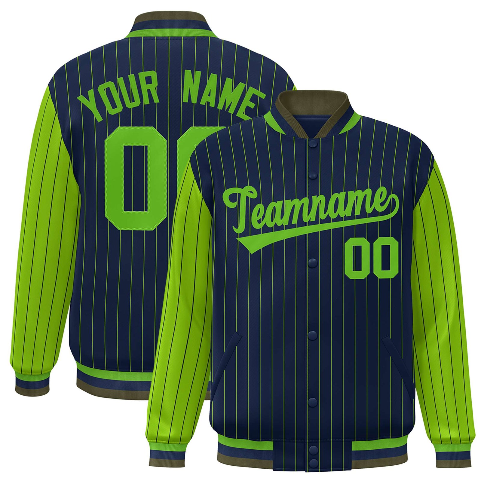 Custom Navy Neon-Green Pinstripe Neon-Green Bomber Full-Snap Varsity Letterman Jacket