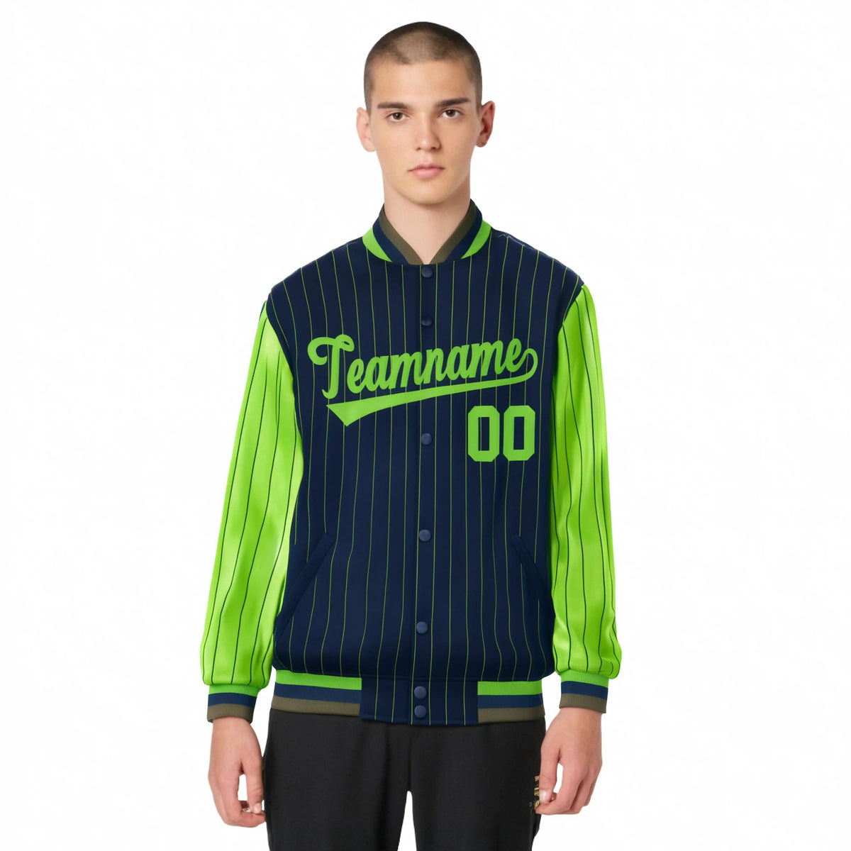 Custom Navy Neon-Green Pinstripe Neon-Green Bomber Full-Snap Varsity Letterman Jacket