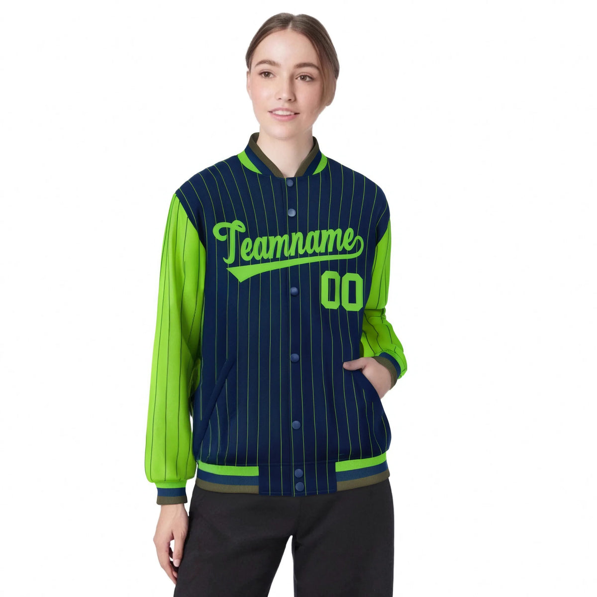 Custom Navy Neon-Green Pinstripe Neon-Green Bomber Full-Snap Varsity Letterman Jacket