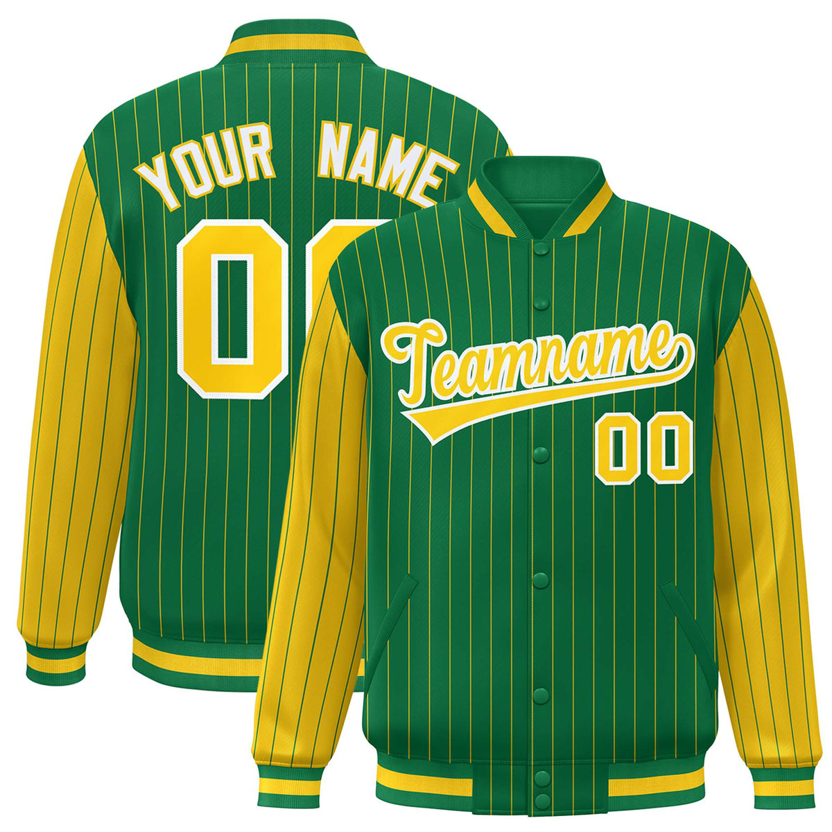 Custom Kelly Green Gold Pinstripe White-Gold Bomber Full-Snap Varsity Letterman Jacket