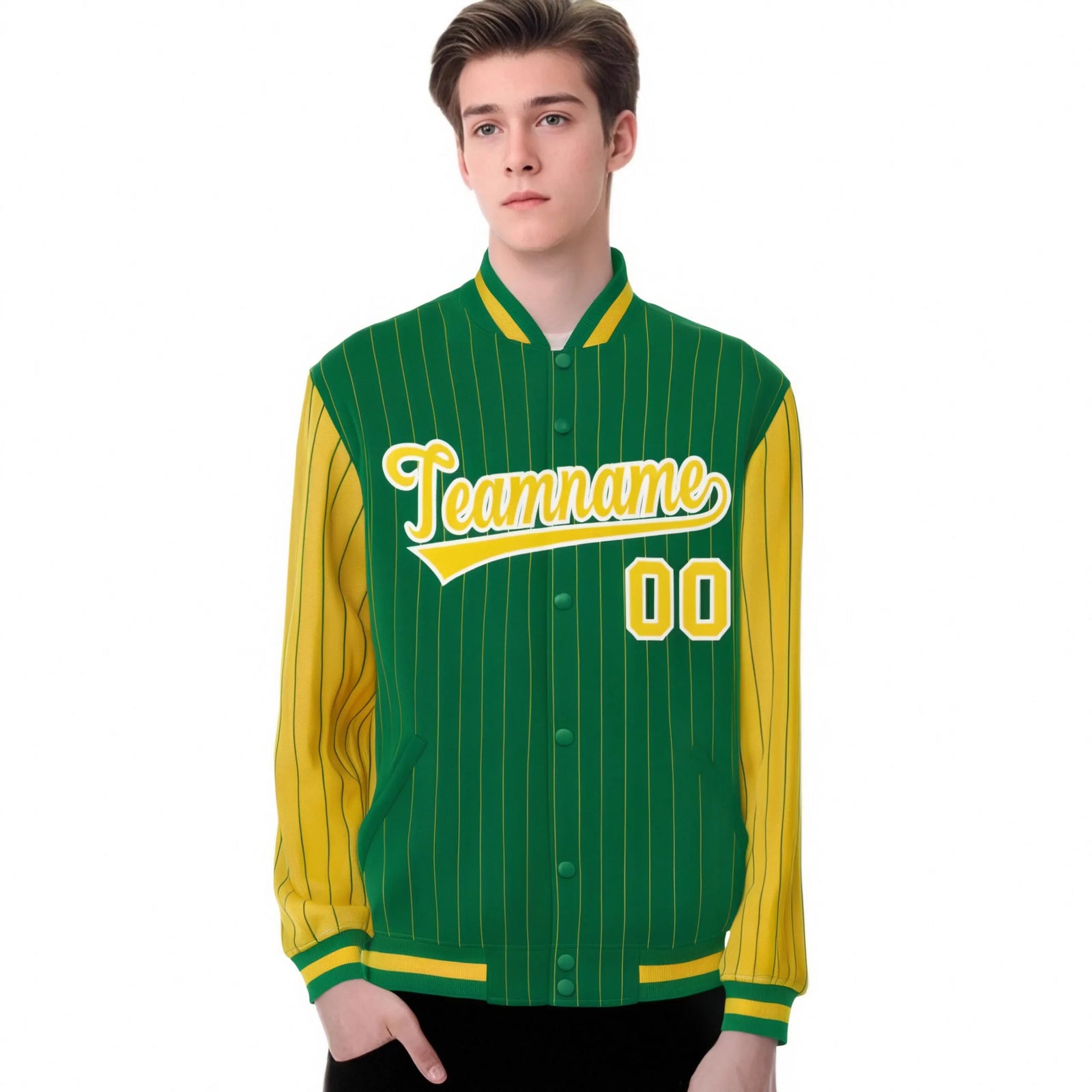 Custom Kelly Green Gold Pinstripe White-Gold Bomber Full-Snap Varsity Letterman Jacket