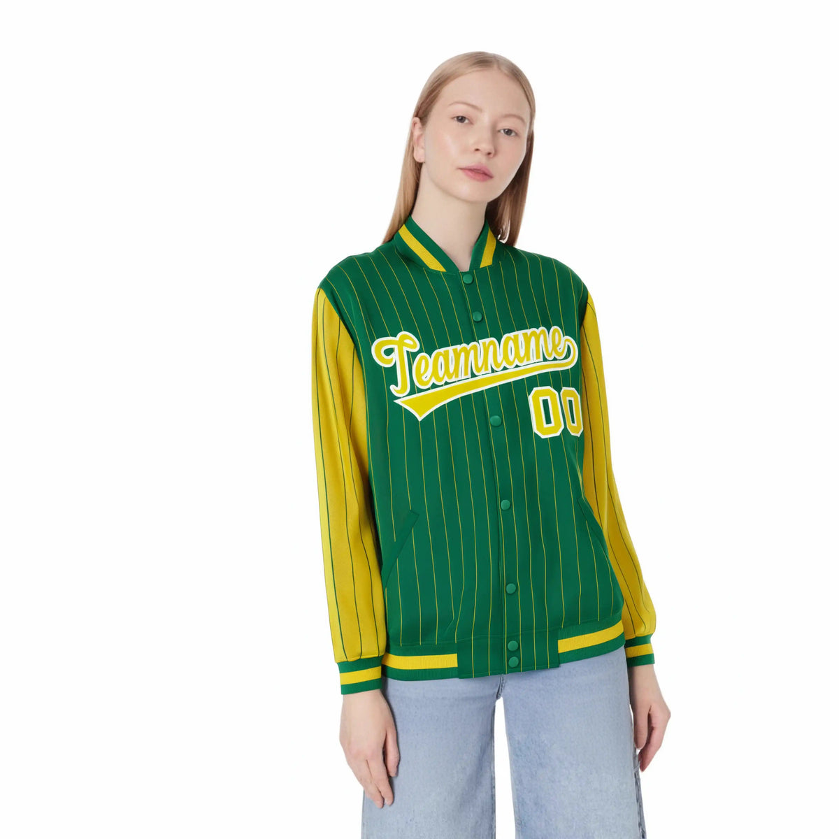 Custom Kelly Green Gold Pinstripe White-Gold Bomber Full-Snap Varsity Letterman Jacket