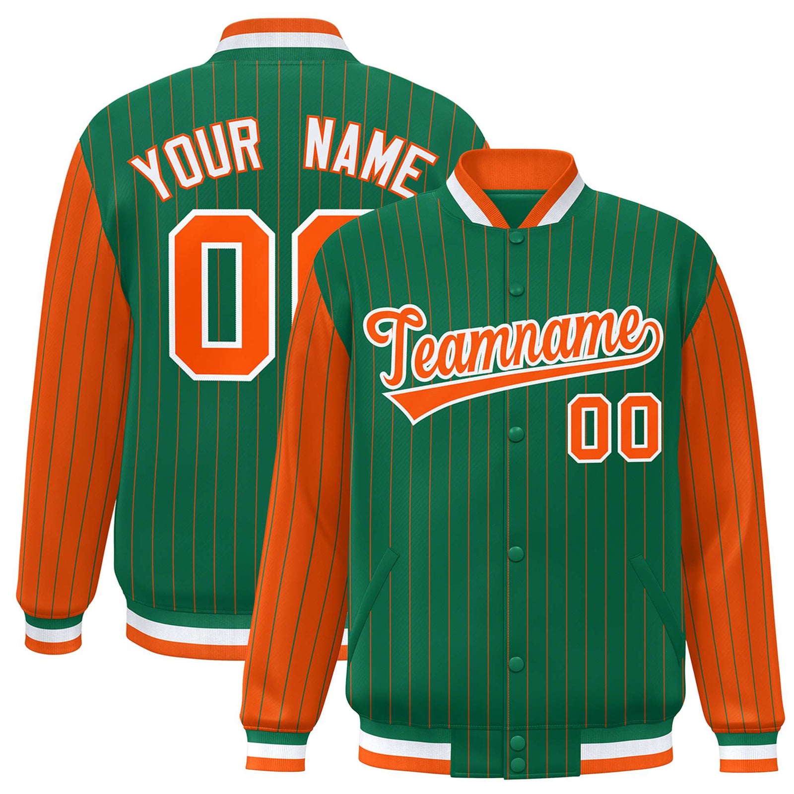 Custom Kelly Green Orange Pinstripe White-Orange Bomber Full-Snap Varsity Letterman Jacket