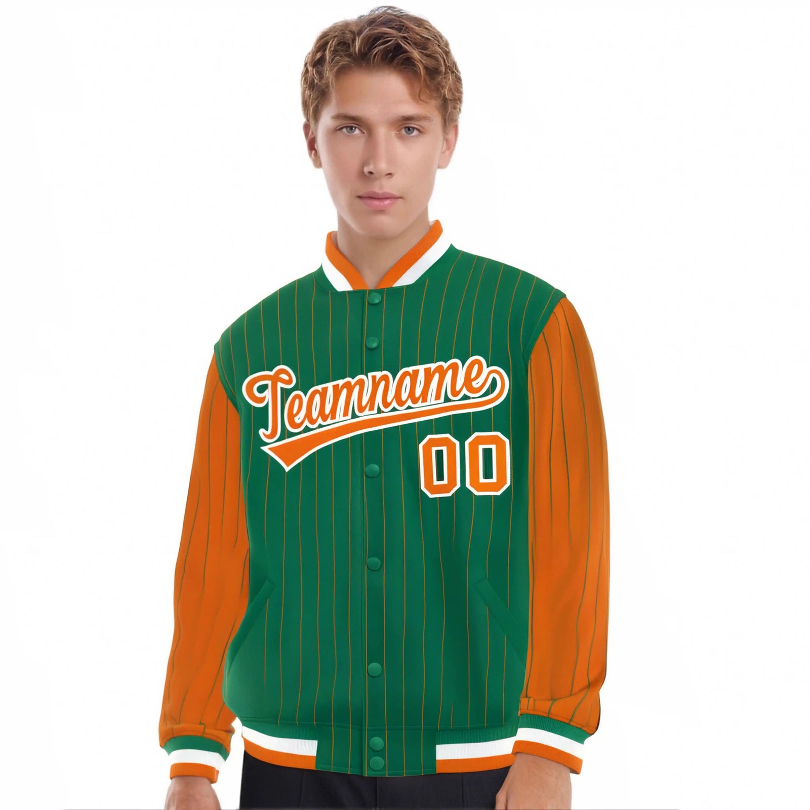 Custom Kelly Green Orange Pinstripe White-Orange Bomber Full-Snap Varsity Letterman Jacket