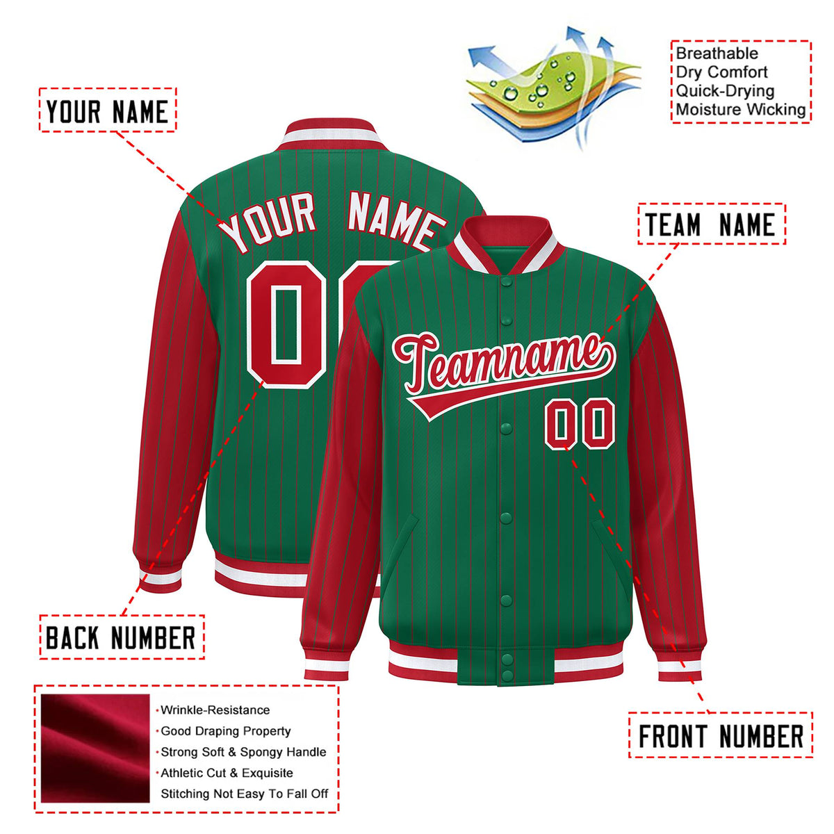 Custom Kelly Green Red Pinstripe White-Red Bomber Full-Snap Varsity Letterman Jacket