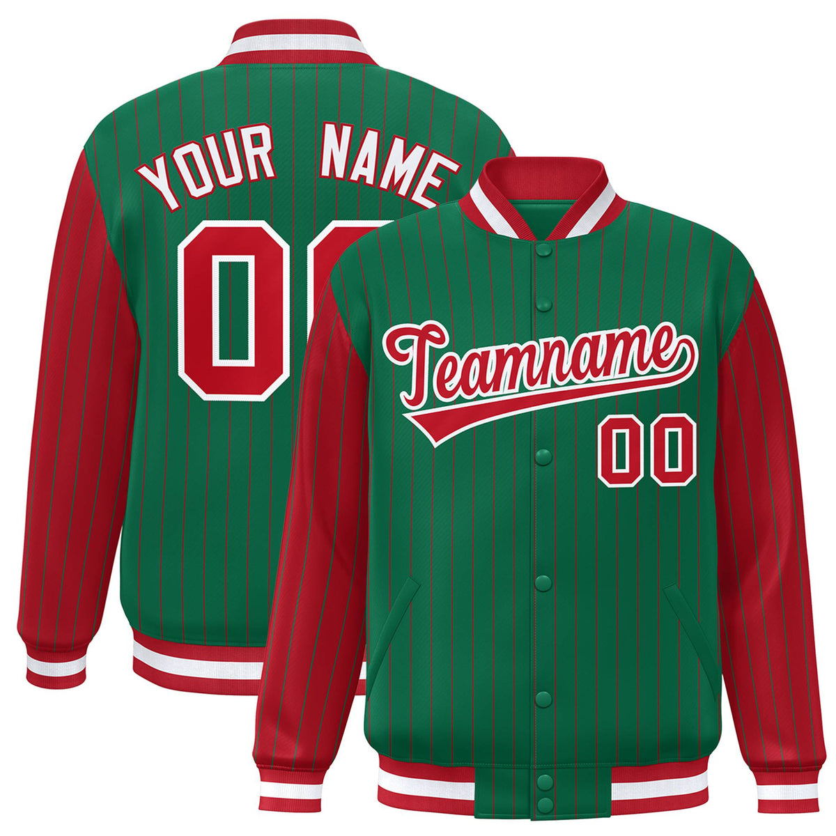 Custom Kelly Green Red Pinstripe White-Red Bomber Full-Snap Varsity Letterman Jacket