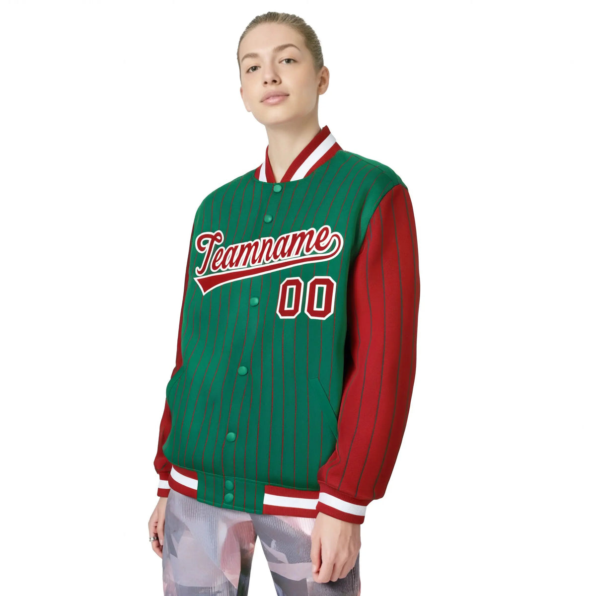 Custom Kelly Green Red Pinstripe White-Red Bomber Full-Snap Varsity Letterman Jacket