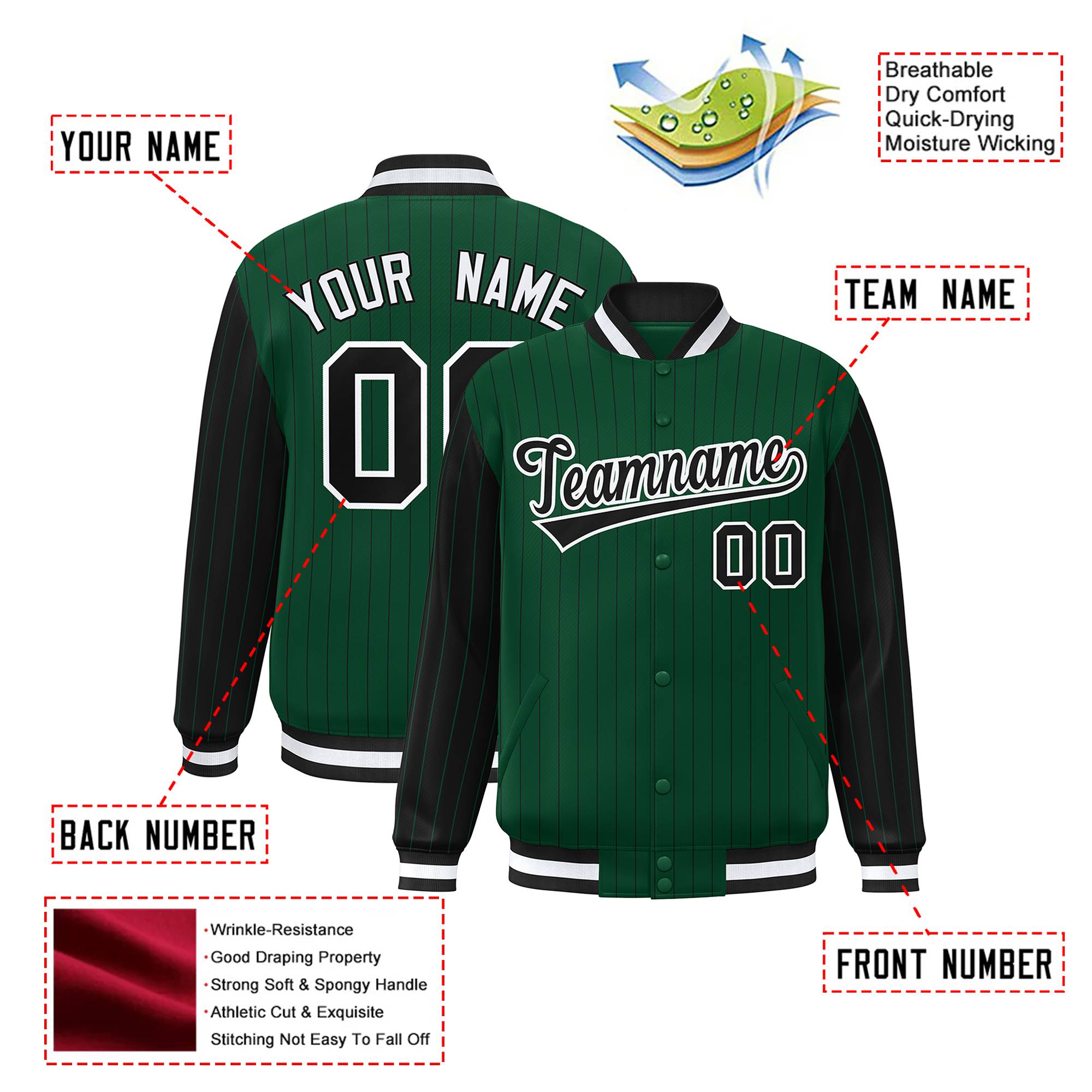 Custom Kelly Green Black Pinstripe White-Black Bomber Full-Snap Varsity Letterman Jacket