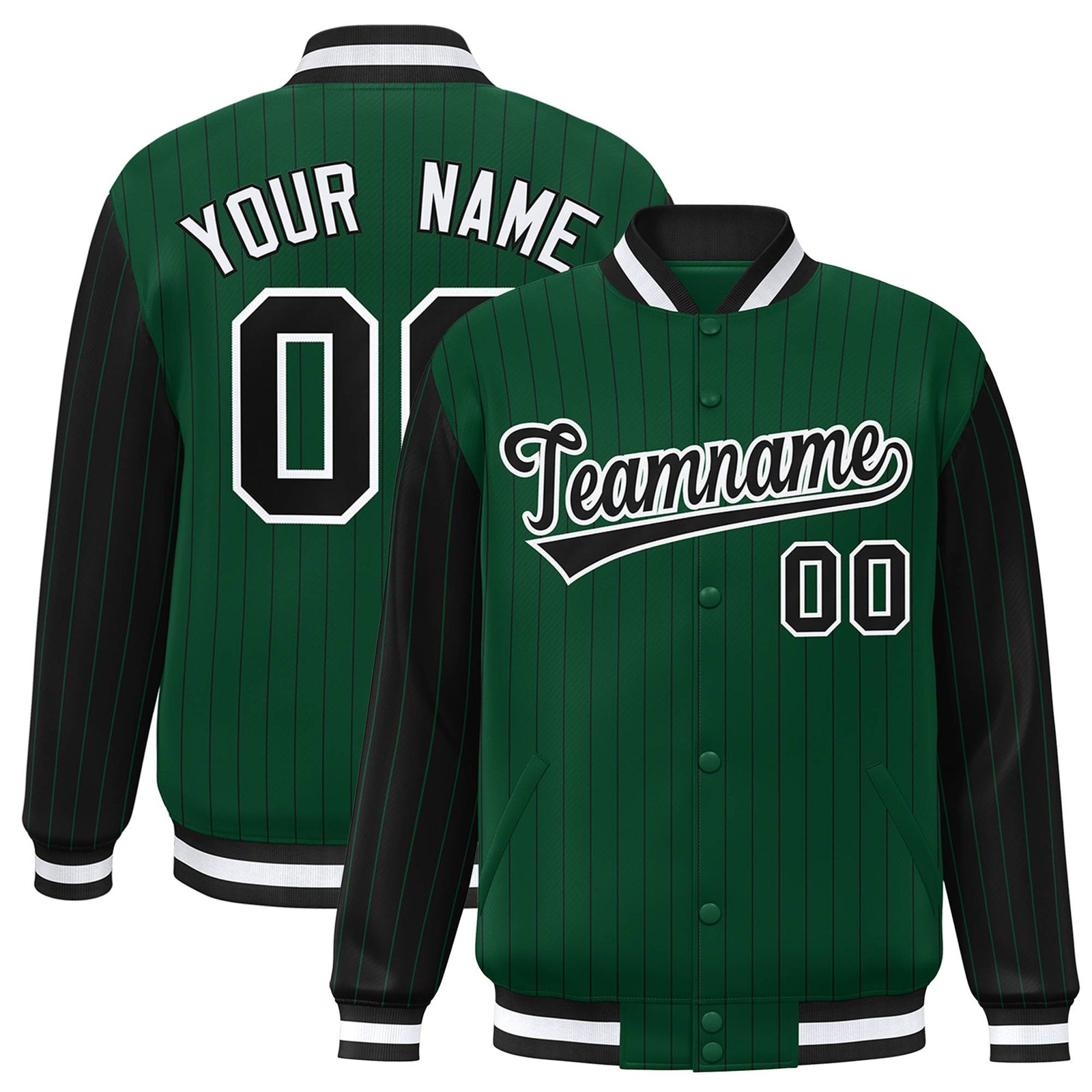 Custom Kelly Green Black Pinstripe White-Black Bomber Full-Snap Varsity Letterman Jacket