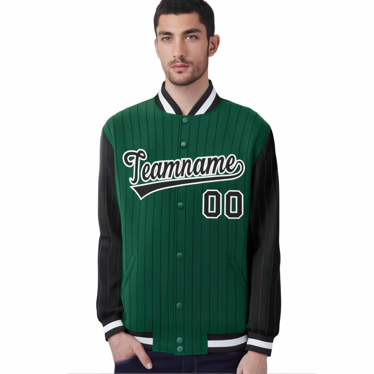 Custom Kelly Green Black Pinstripe White-Black Bomber Full-Snap Varsity Letterman Jacket