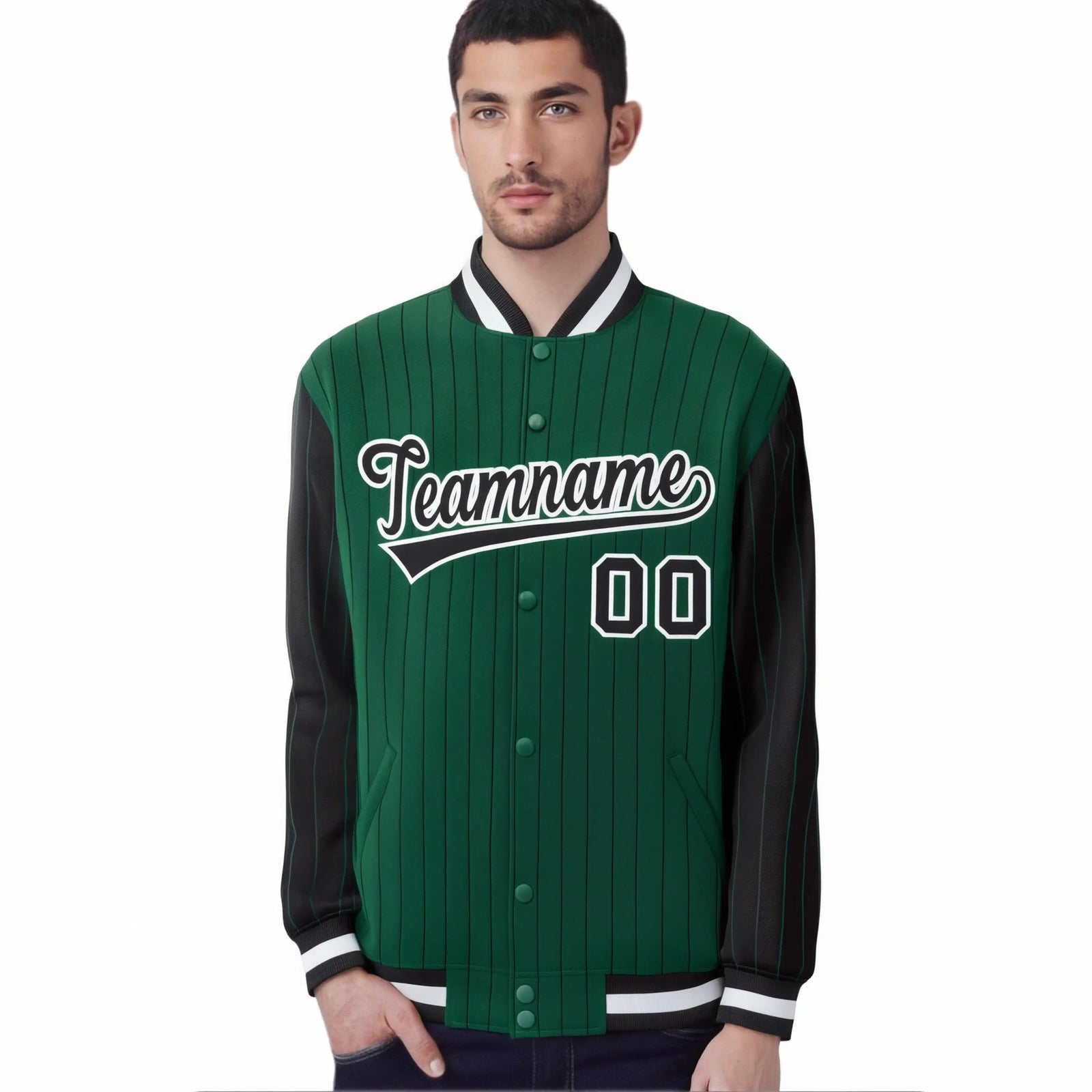 Custom Kelly Green Black Pinstripe White-Black Bomber Full-Snap Varsity Letterman Jacket