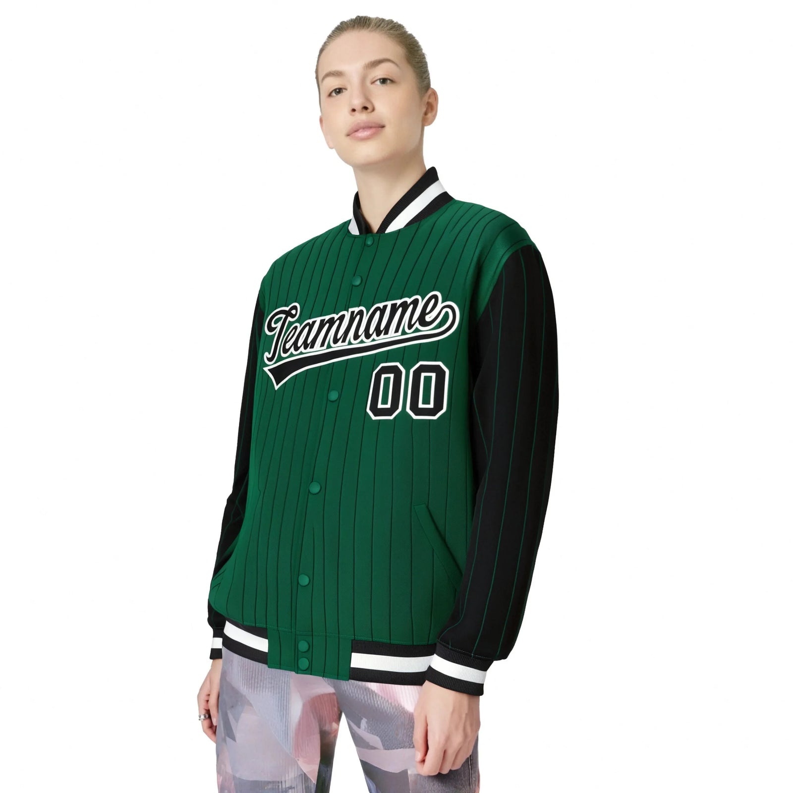 Custom Kelly Green Black Pinstripe White-Black Bomber Full-Snap Varsity Letterman Jacket