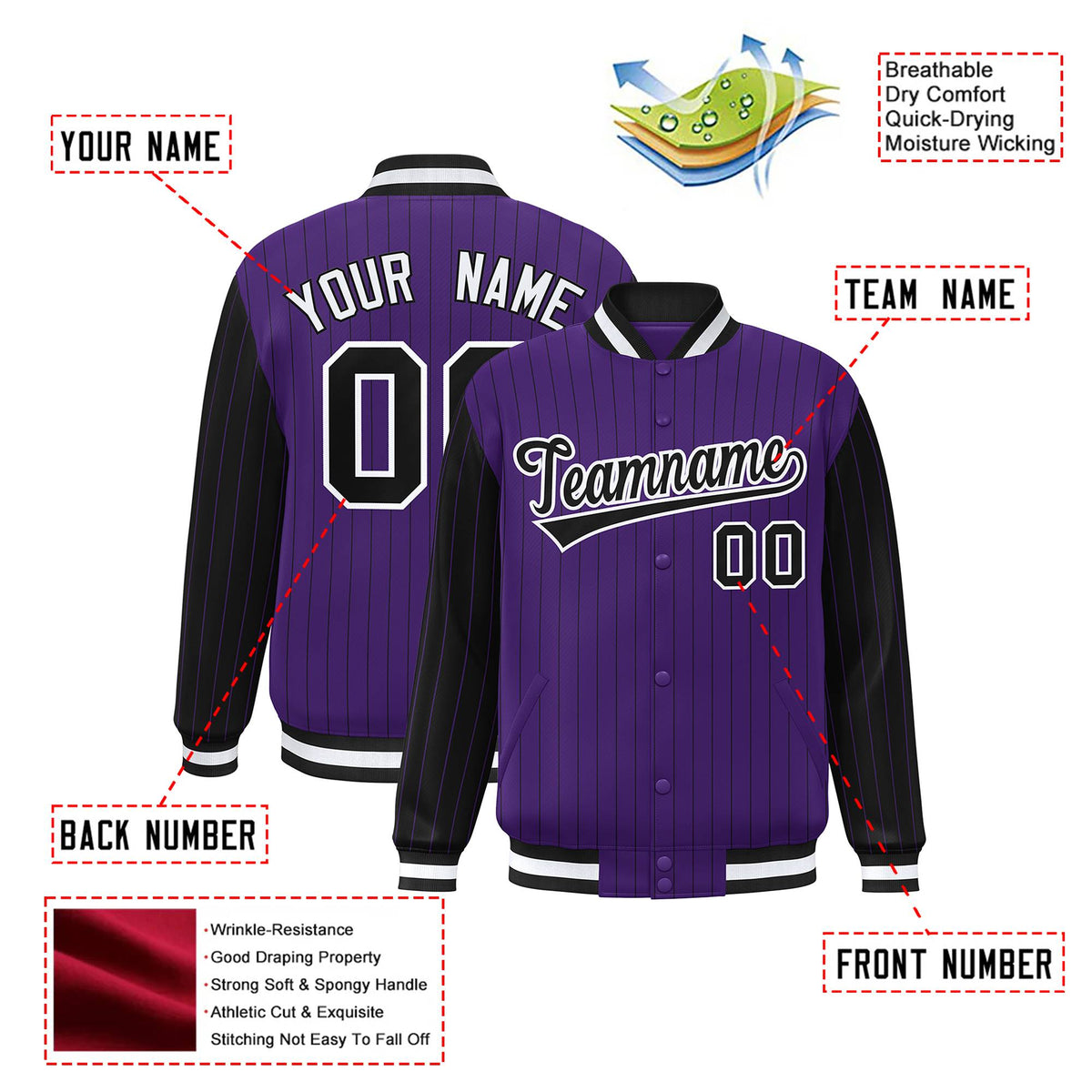 Custom Purple Black Pinstripe White-Black Bomber Full-Snap Varsity Letterman Jacket