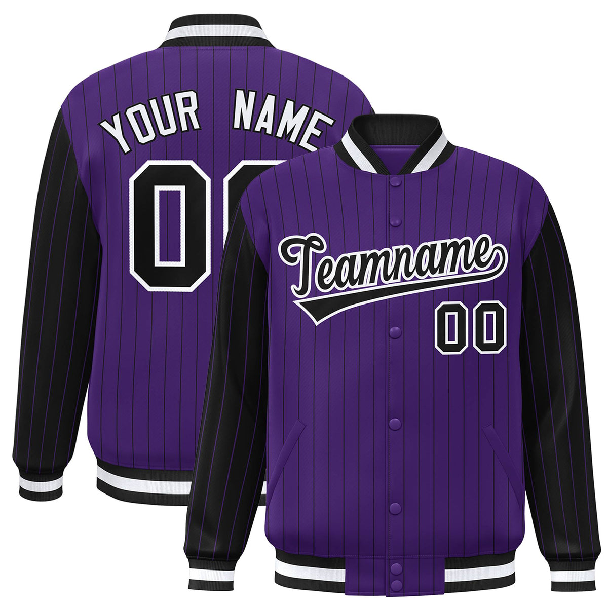Custom Purple Black Pinstripe White-Black Bomber Full-Snap Varsity Letterman Jacket