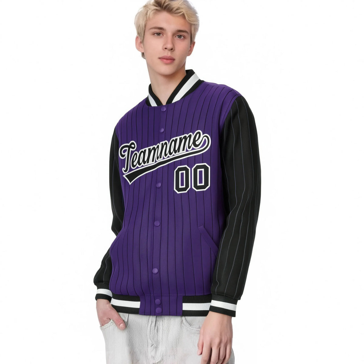 Custom Purple Black Pinstripe White-Black Bomber Full-Snap Varsity Letterman Jacket