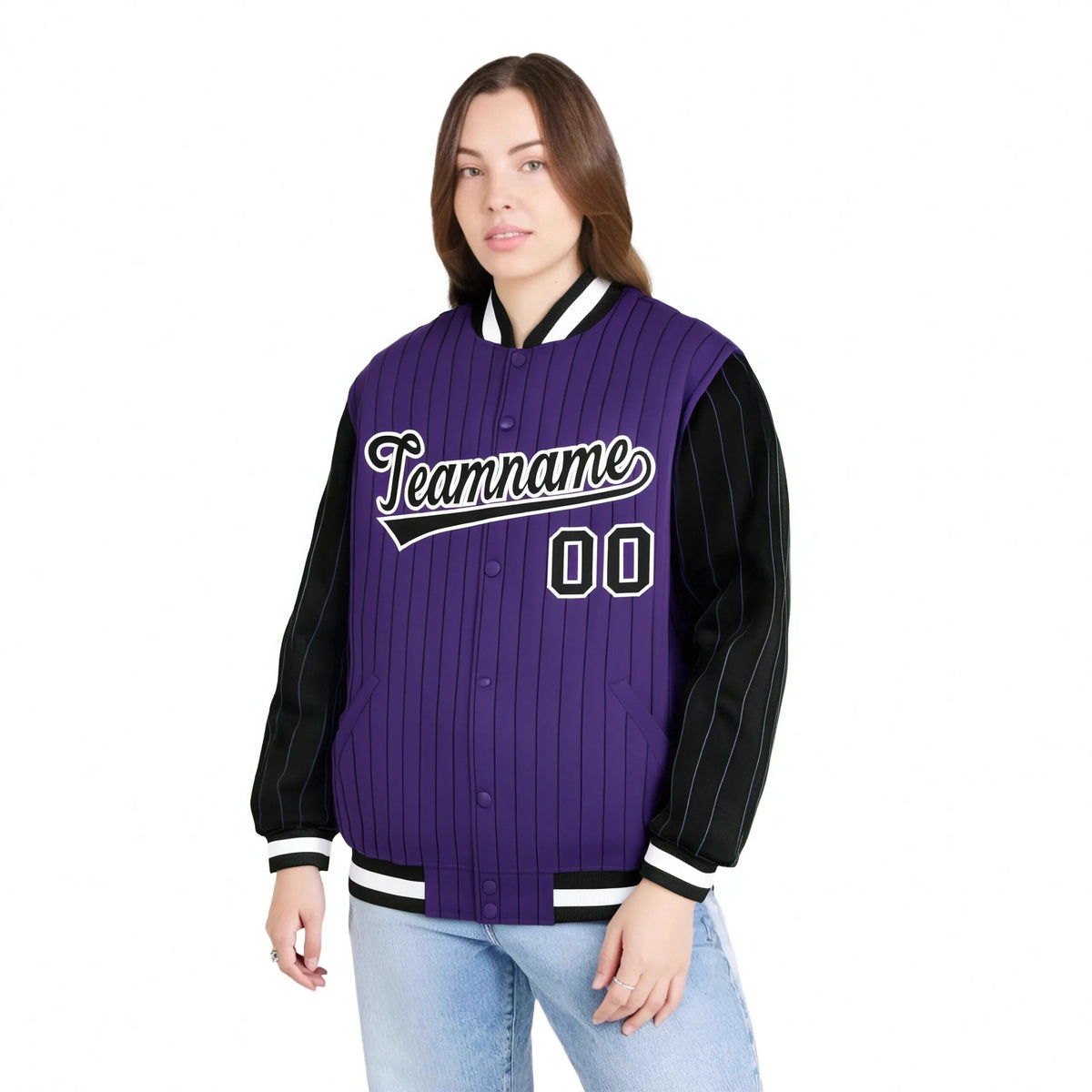Custom Purple Black Pinstripe White-Black Bomber Full-Snap Varsity Letterman Jacket