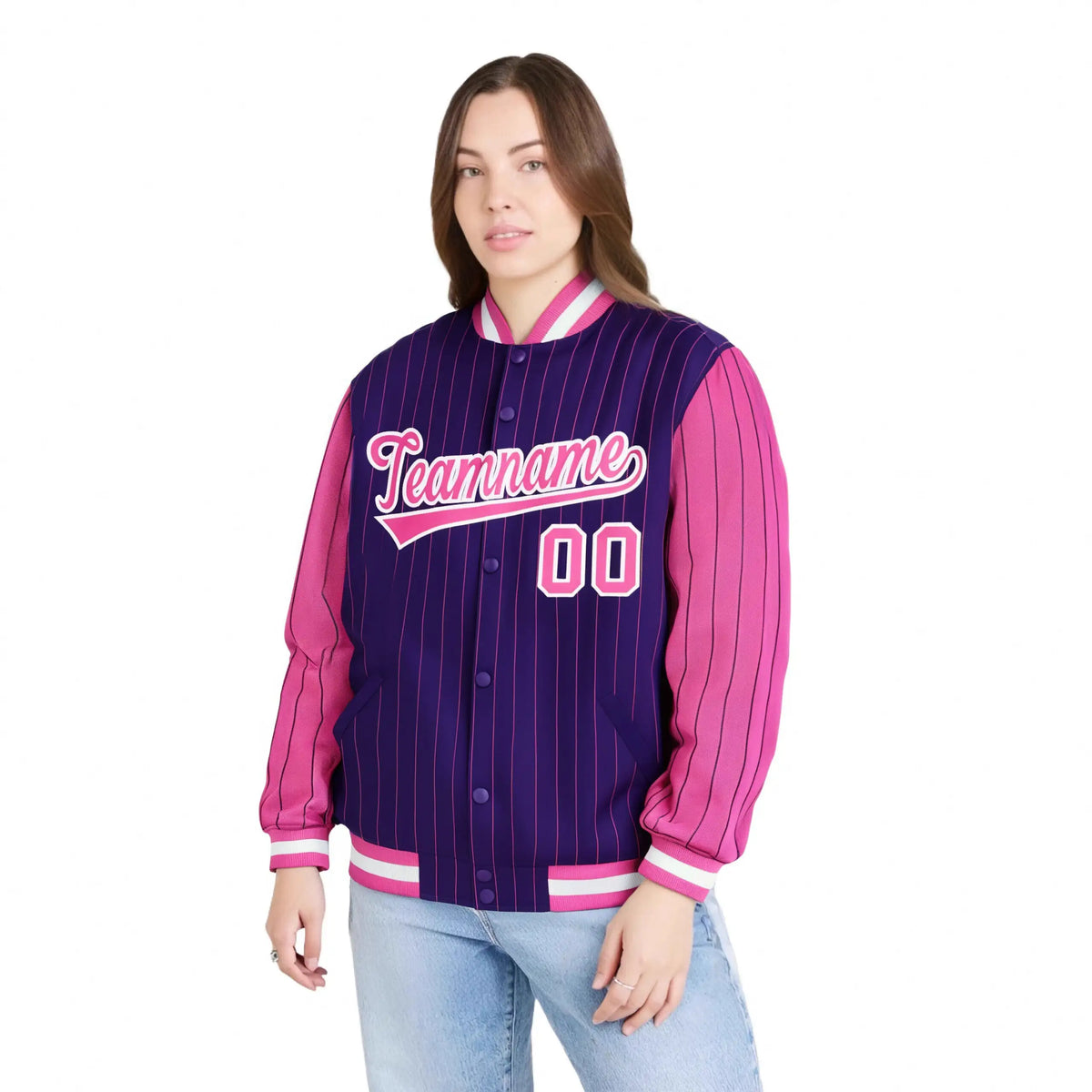 Custom Purple Pink Pinstripe White-Pink Bomber Full-Snap Varsity Letterman Jacket