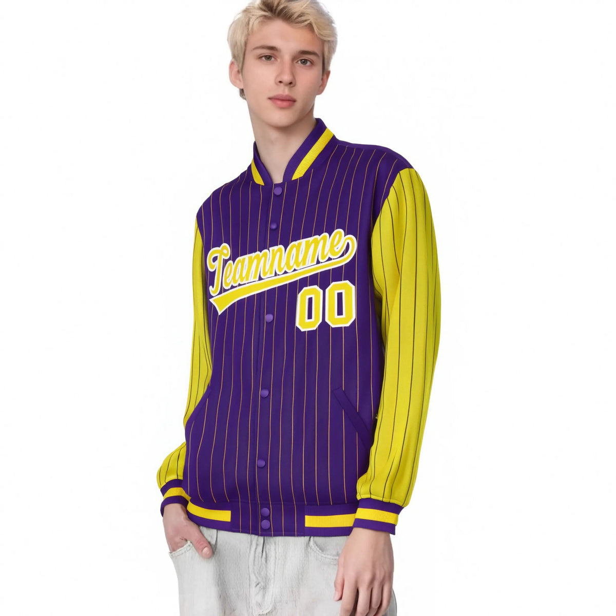 Custom Purple Gold Pinstripe White-Gold Bomber Full-Snap Varsity Letterman Jacket
