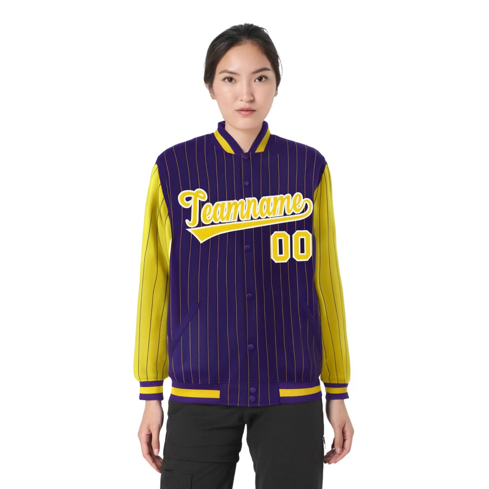 Custom Purple Gold Pinstripe White-Gold Bomber Full-Snap Varsity Letterman Jacket