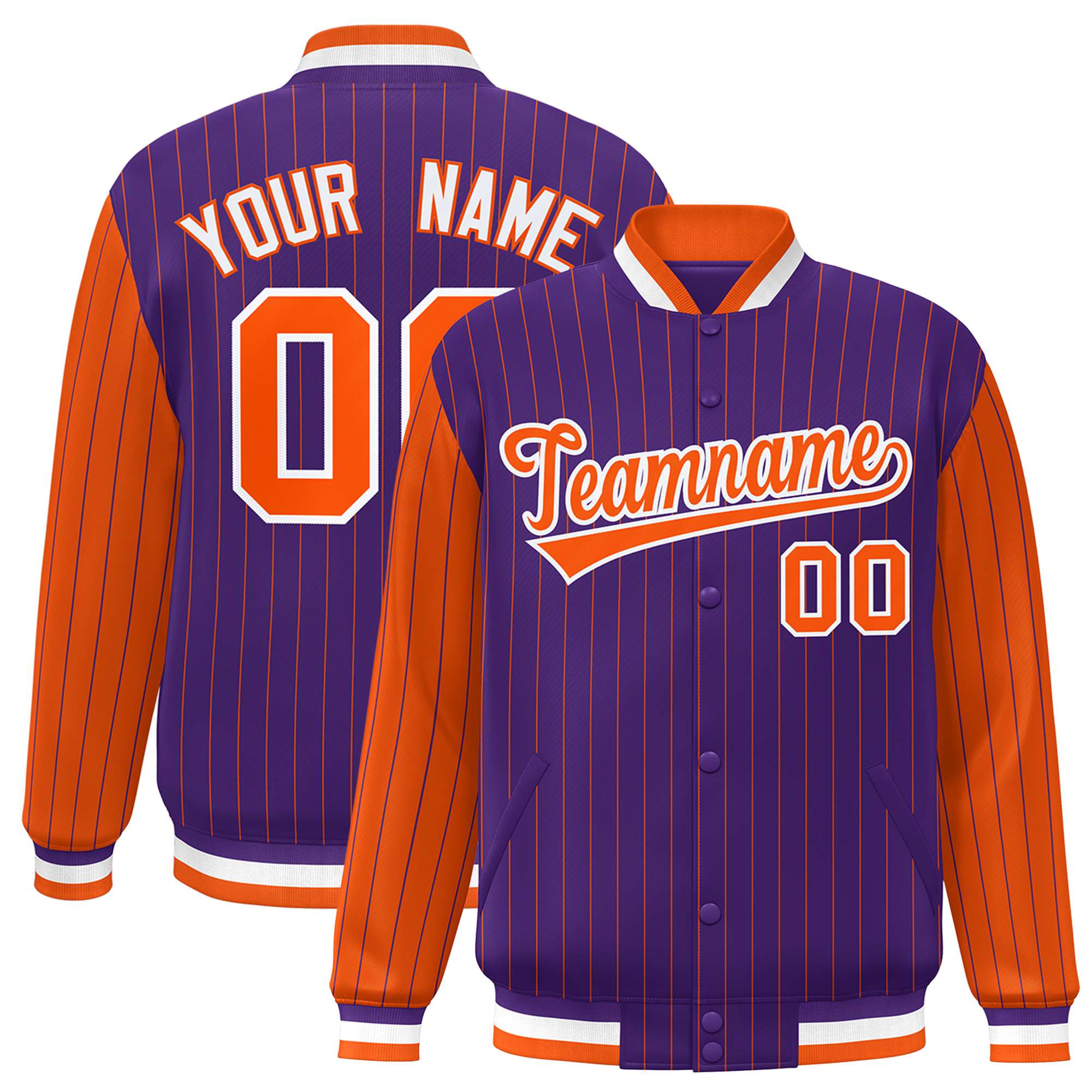 Custom Purple Orange Pinstripe White-Orange Bomber Full-Snap Varsity Letterman Jacket