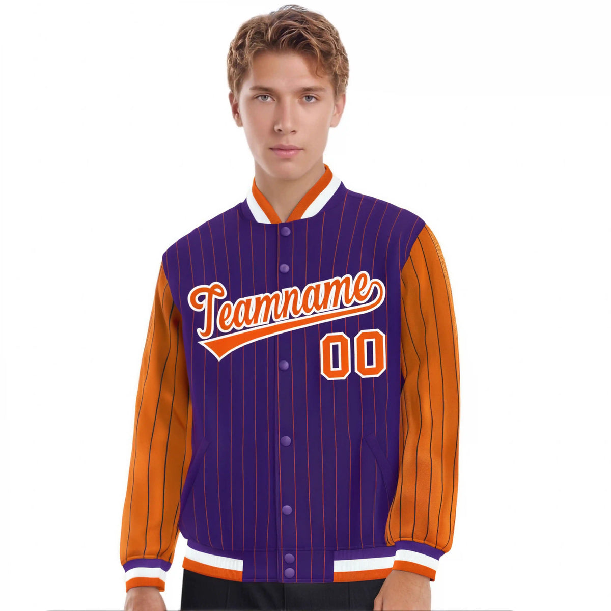 Custom Purple Orange Pinstripe White-Orange Bomber Full-Snap Varsity Letterman Jacket