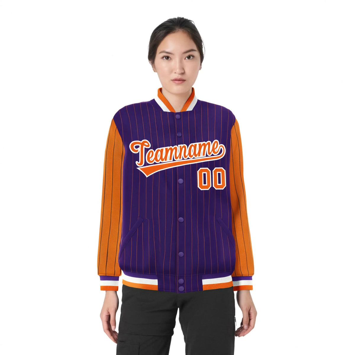 Custom Purple Orange Pinstripe White-Orange Bomber Full-Snap Varsity Letterman Jacket