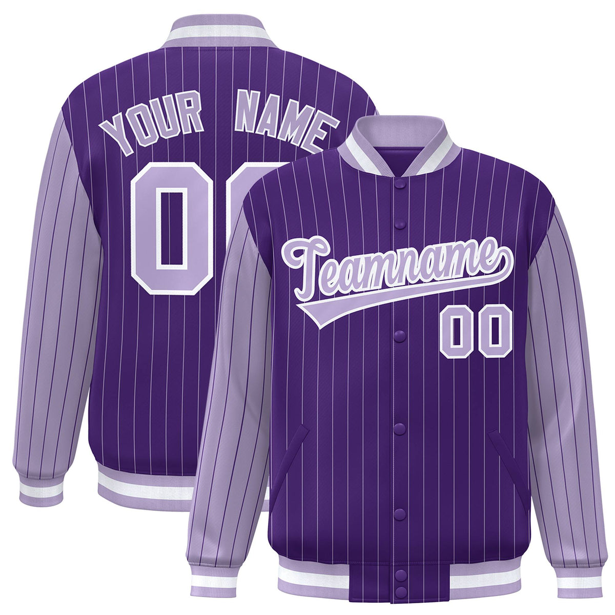 Custom Purple Light-Purple Pinstripe White Light-Purple Bomber Full-Snap Varsity Letterman Jacket