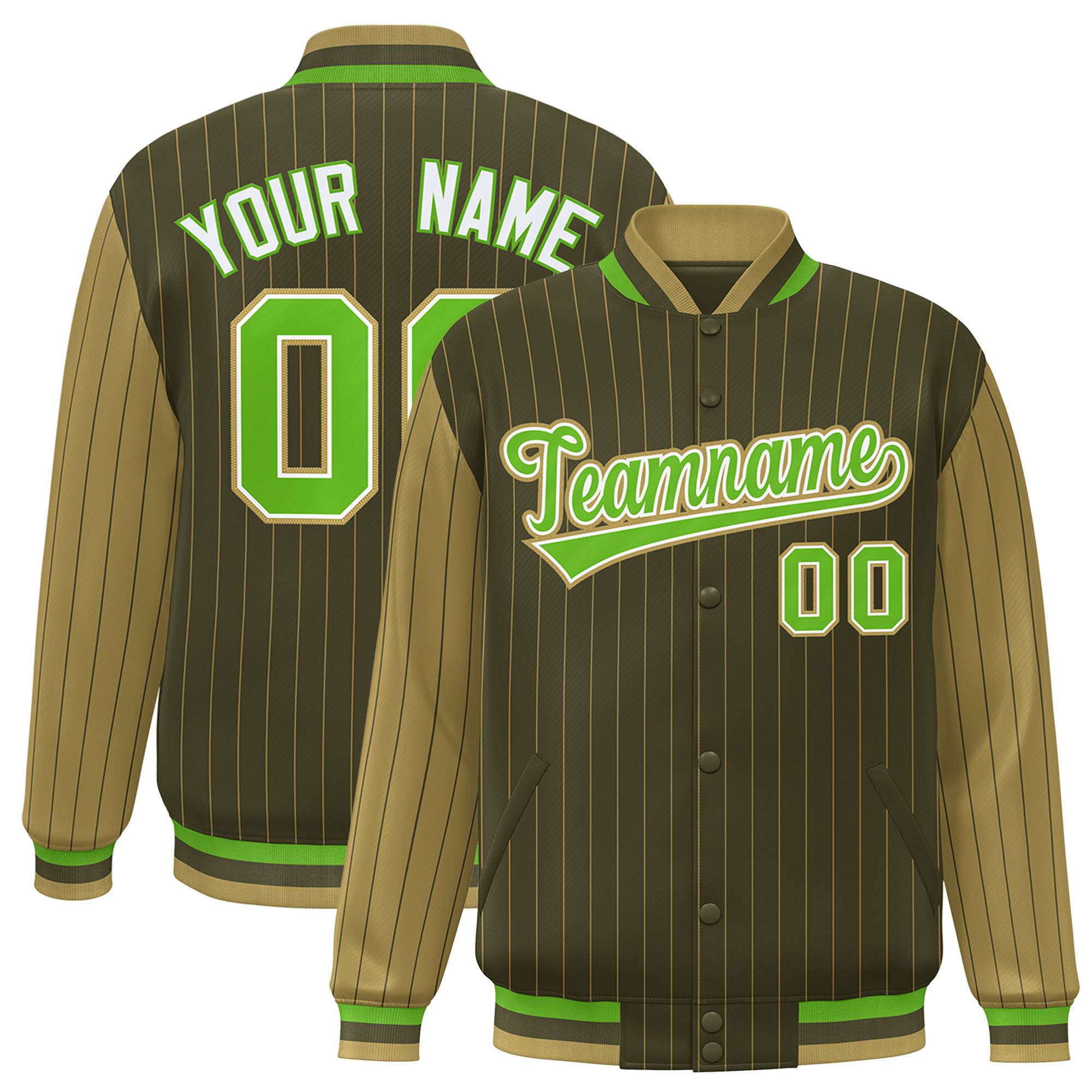 Custom Brown Light-Brown Pinstripe White Neon-Green Bomber Full-Snap Varsity Letterman Jacket