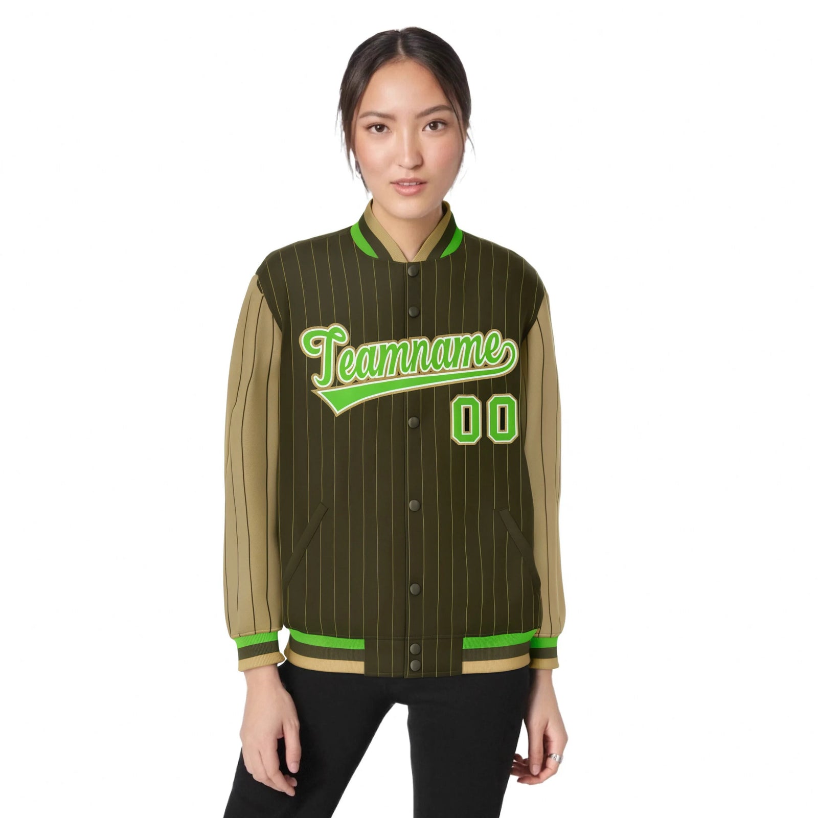 Custom Brown Light-Brown Pinstripe White Neon-Green Bomber Full-Snap Varsity Letterman Jacket