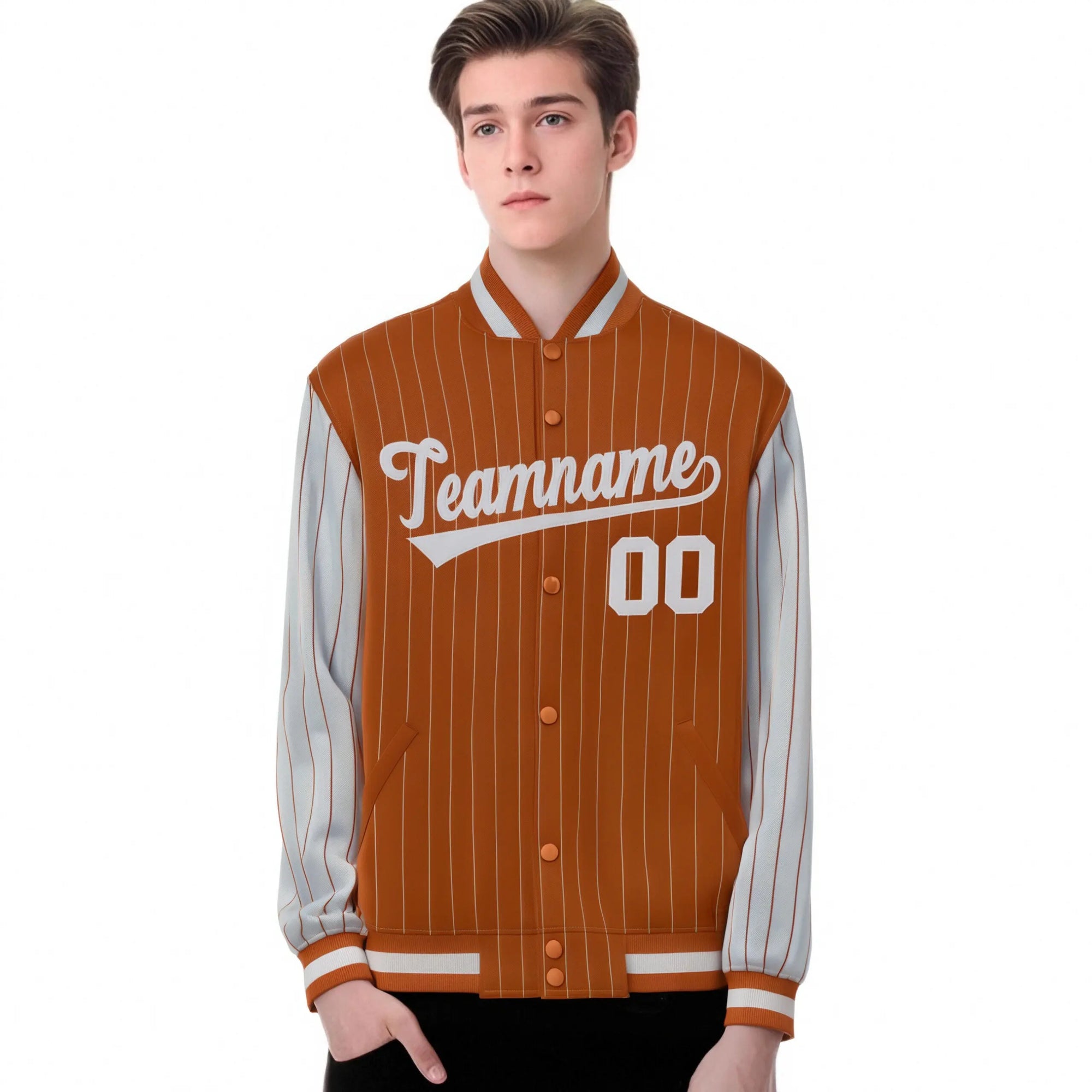 Custom Munsell Gray Pinstripe Gray Bomber Full-Snap Varsity Letterman Jacket