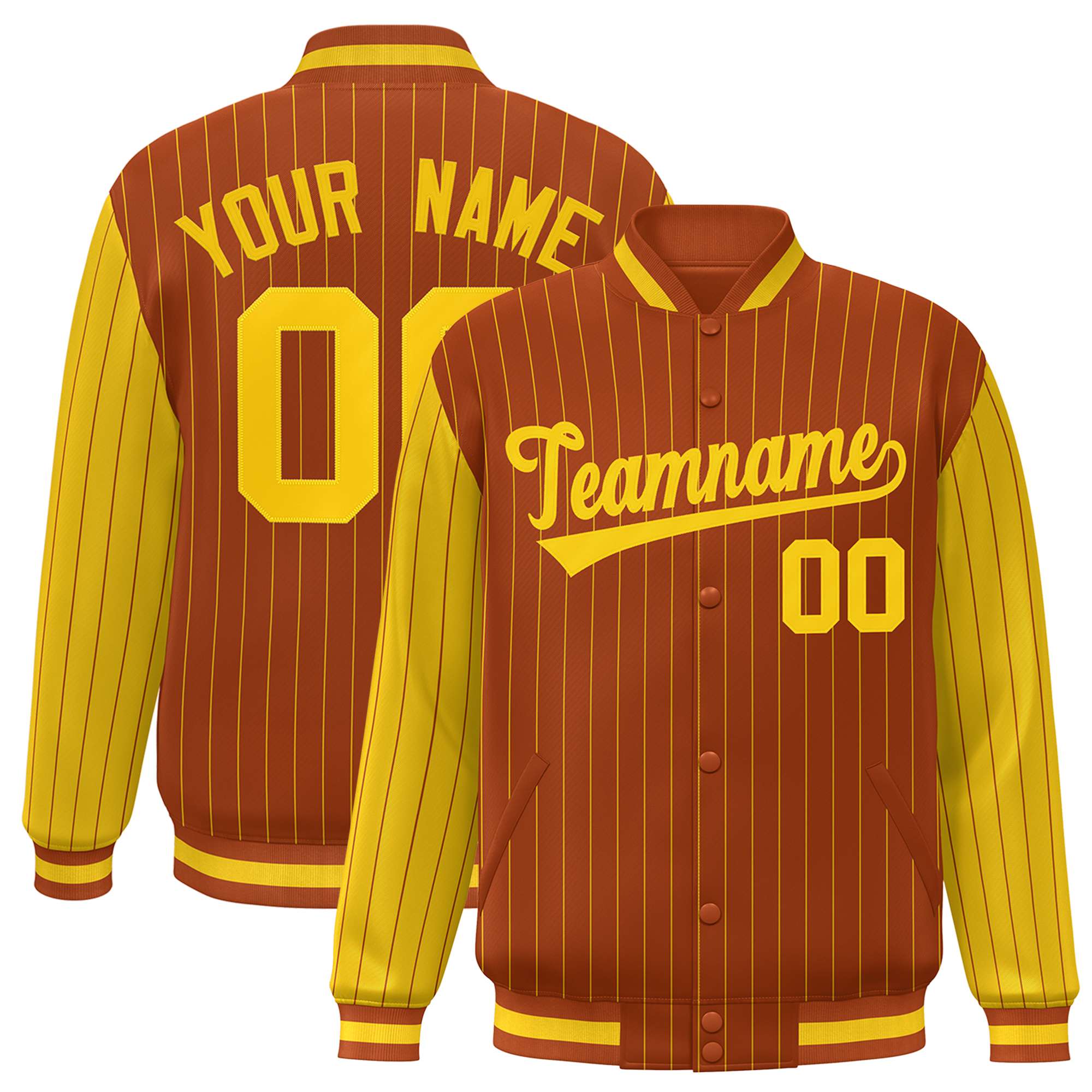 Custom Munsell Gold Pinstripe Gold Bomber Full-Snap Varsity Letterman Jacket