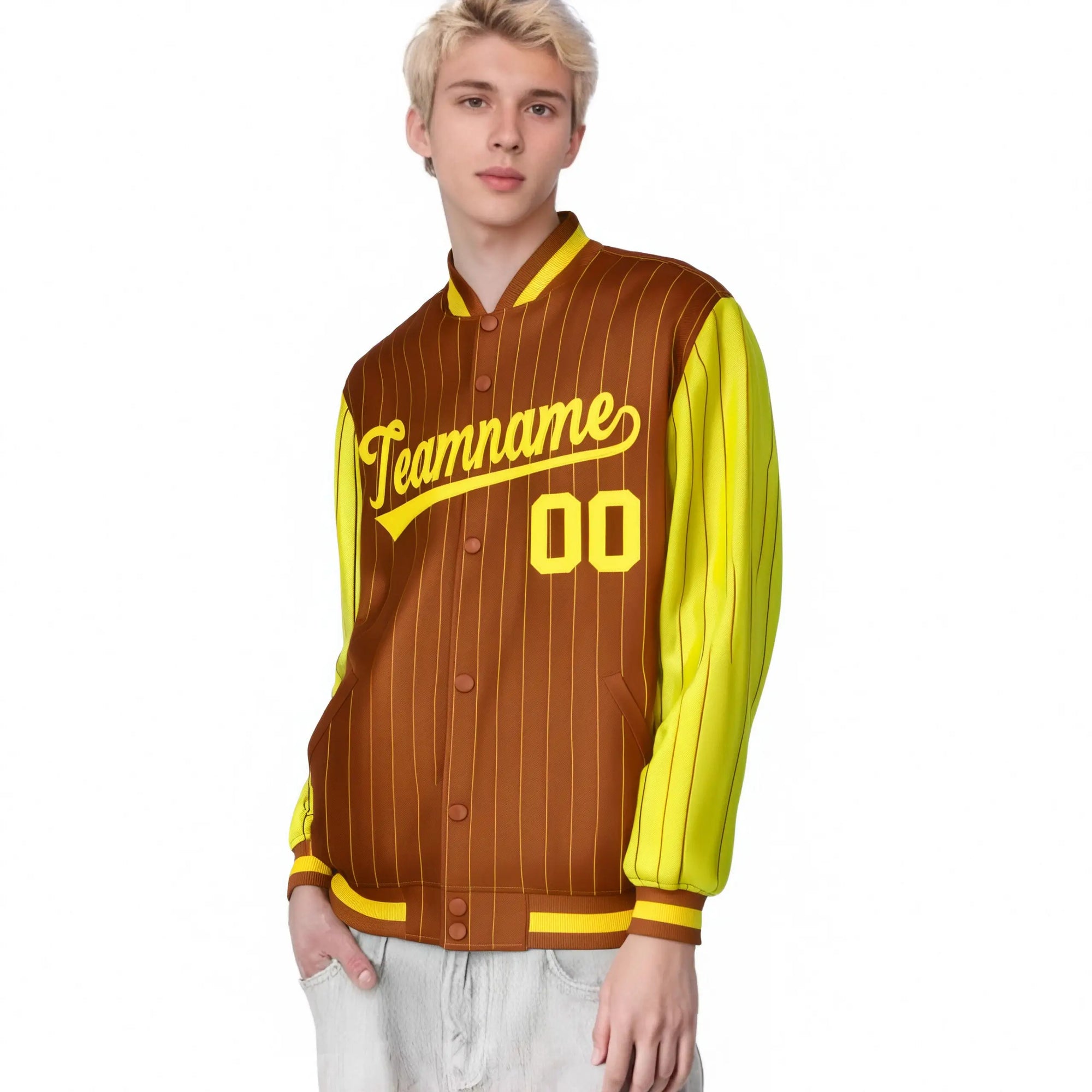 Custom Munsell Gold Pinstripe Gold Bomber Full-Snap Varsity Letterman Jacket