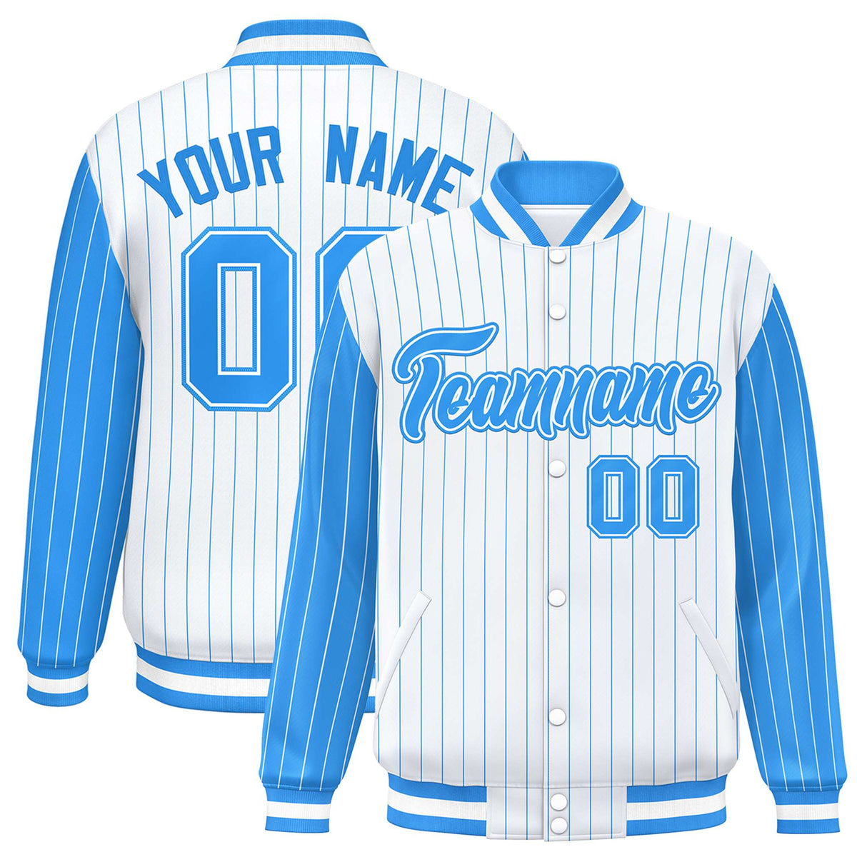 Custom White Powder Blue Pinstripe Powder-Blue White Bomber Full-Snap Varsity Letterman Jacket