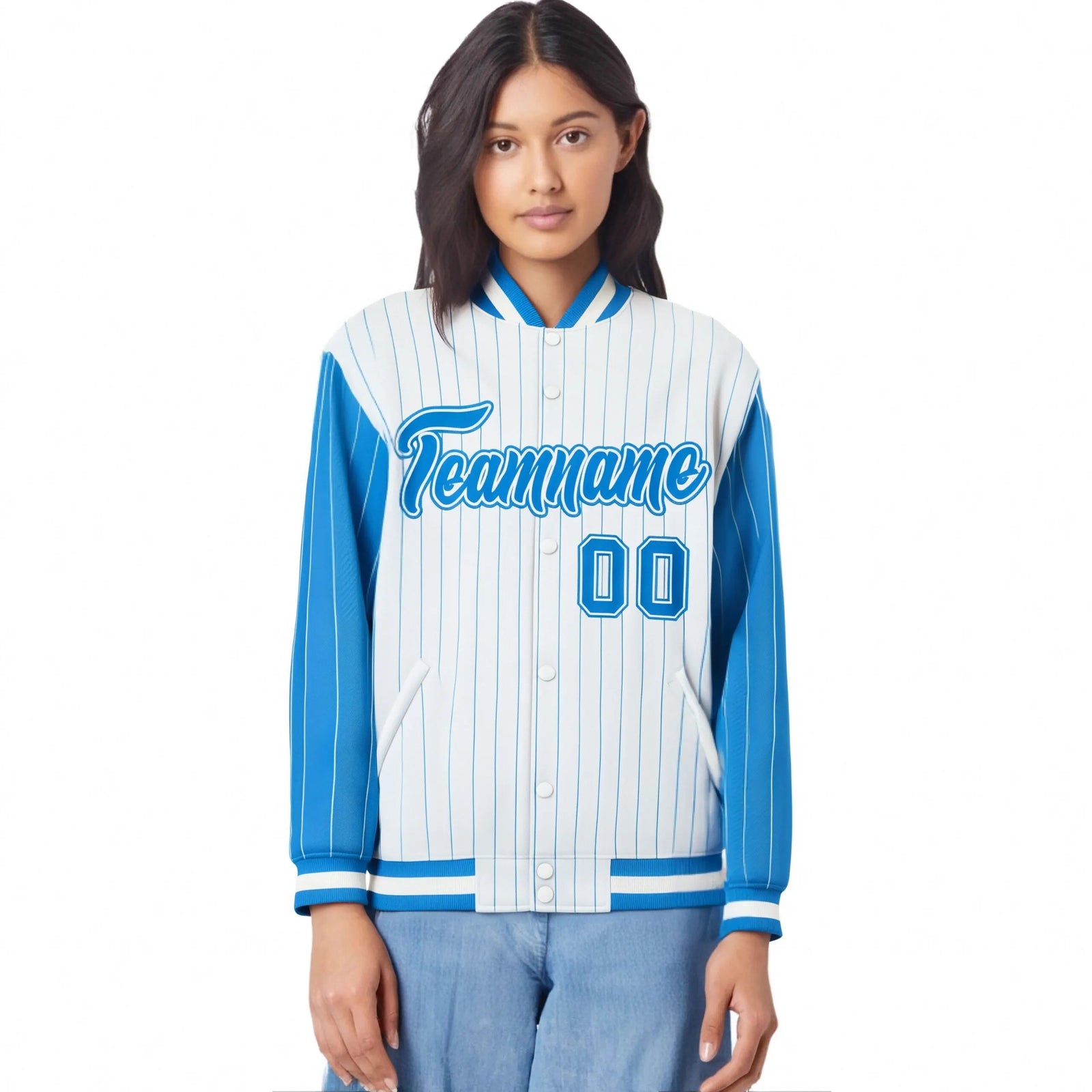Custom White Powder Blue Pinstripe Powder-Blue White Bomber Full-Snap Varsity Letterman Jacket