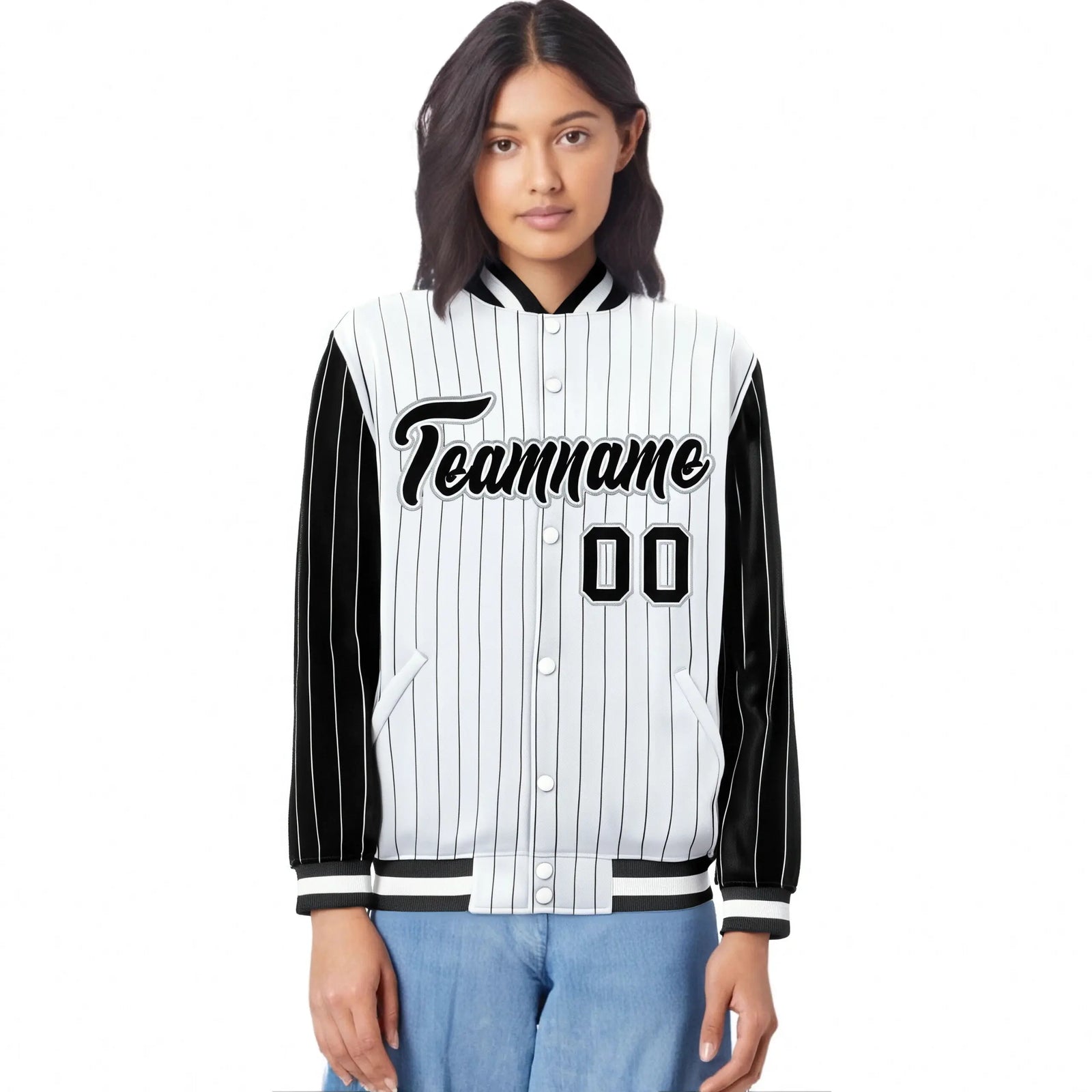 Custom White Black Pinstripe Gray-Black Bomber Full-Snap Varsity Letterman Jacket