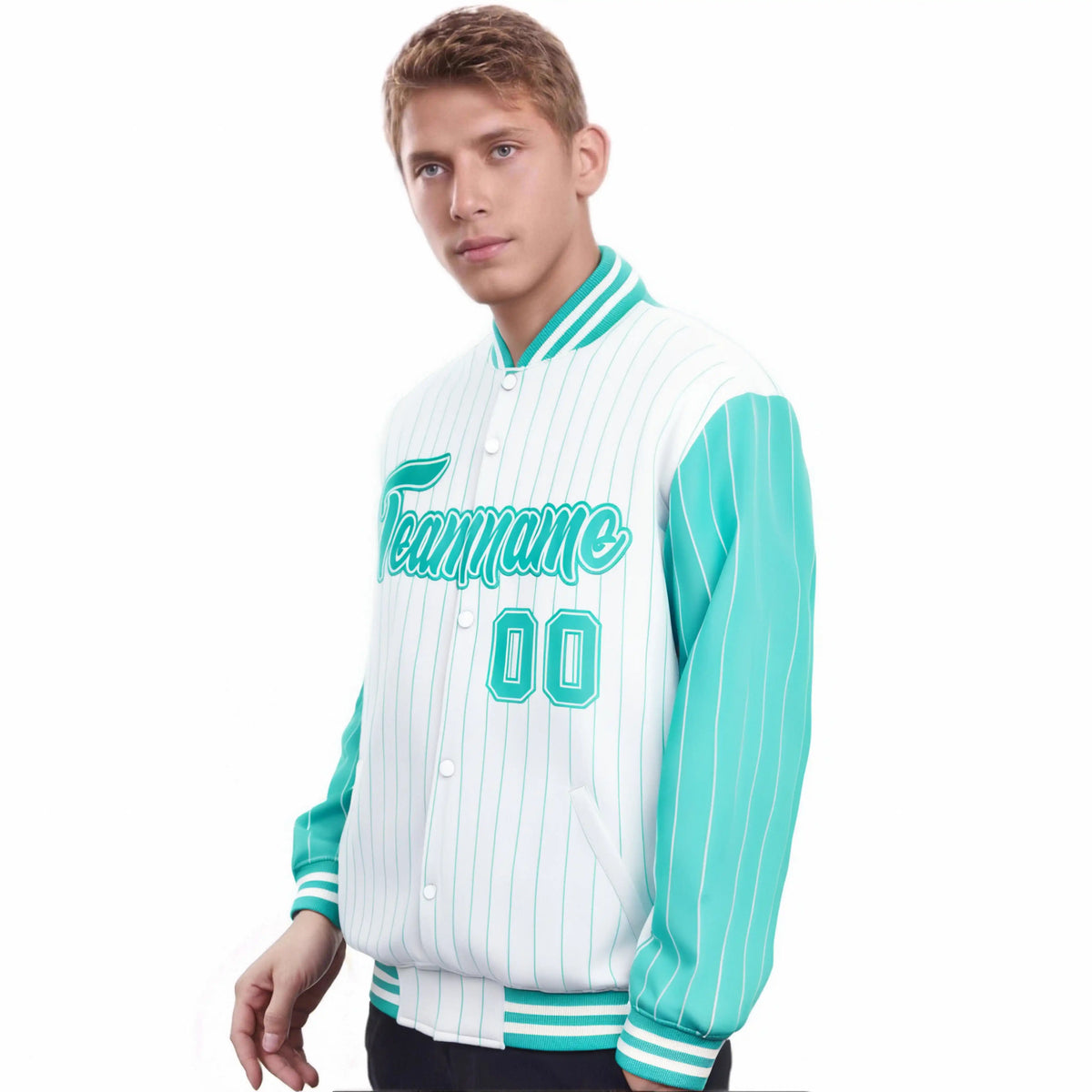 Custom White Aqua Pinstripe White-Aqua Bomber Full-Snap Varsity Letterman Jacket