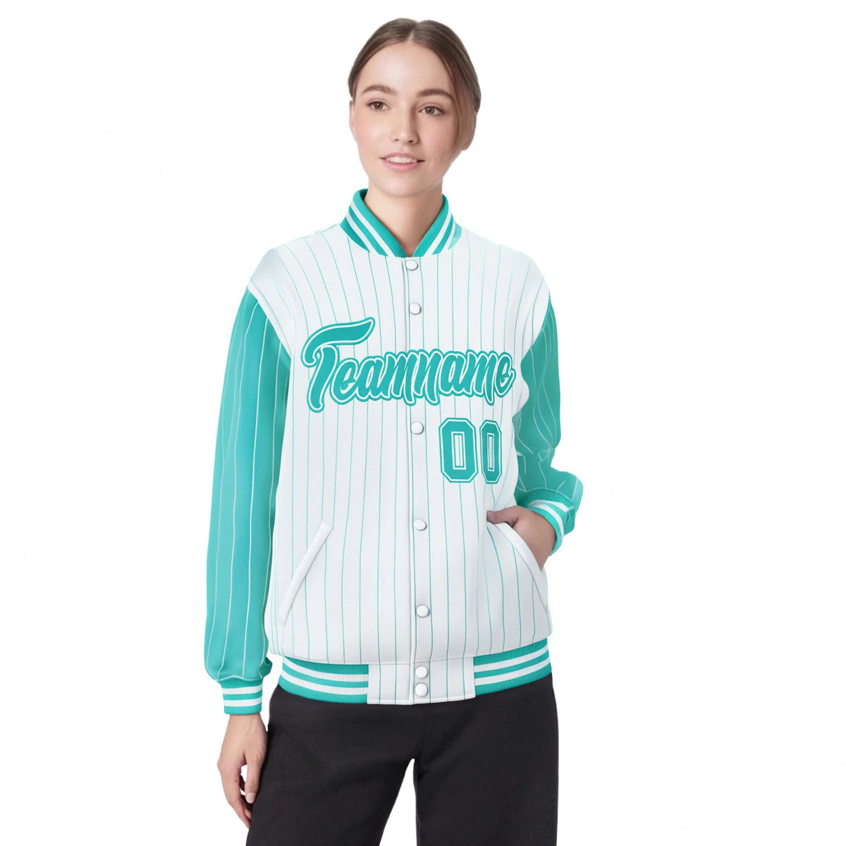Custom White Aqua Pinstripe White-Aqua Bomber Full-Snap Varsity Letterman Jacket