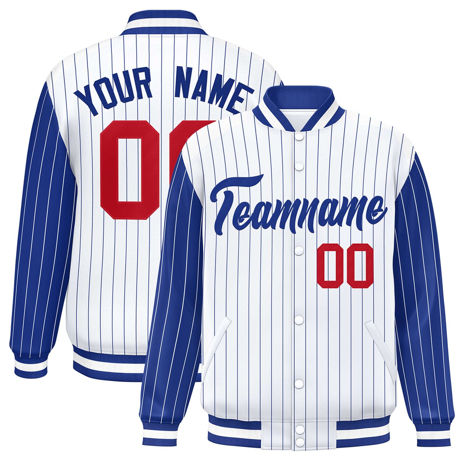 Custom White Royal-Blue Pinstripe Red Royal-Blue Bomber Full-Snap Varsity Letterman Jacket