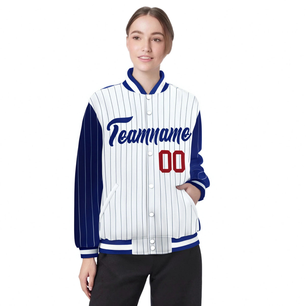 Custom White Royal-Blue Pinstripe Red Royal-Blue Bomber Full-Snap Varsity Letterman Jacket