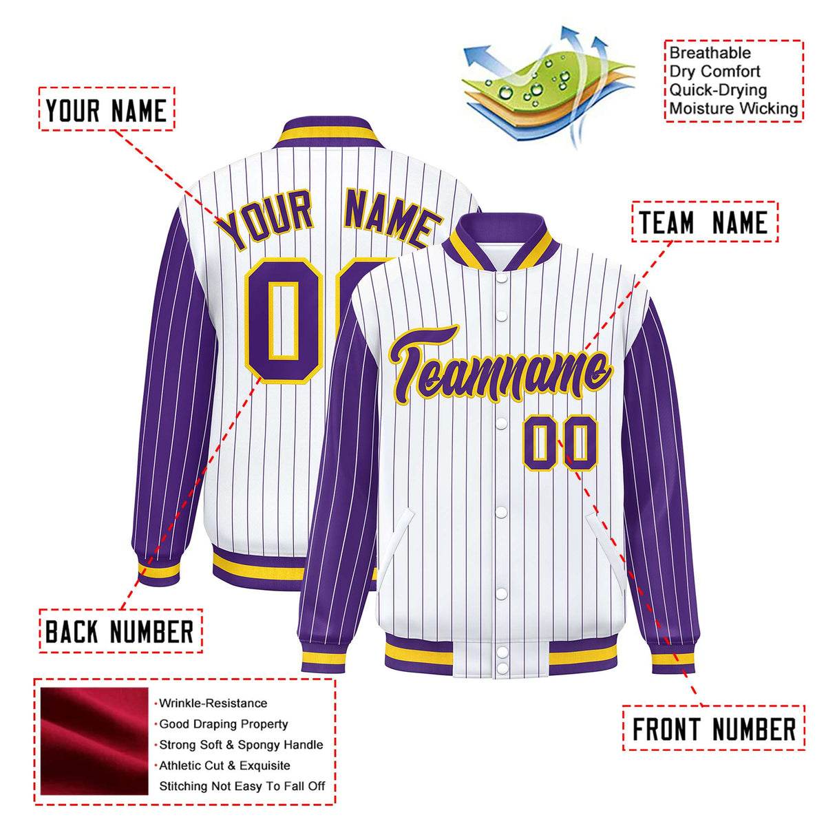Custom White Purple Pinstripe Glod-Purple Bomber Full-Snap Varsity Letterman Jacket
