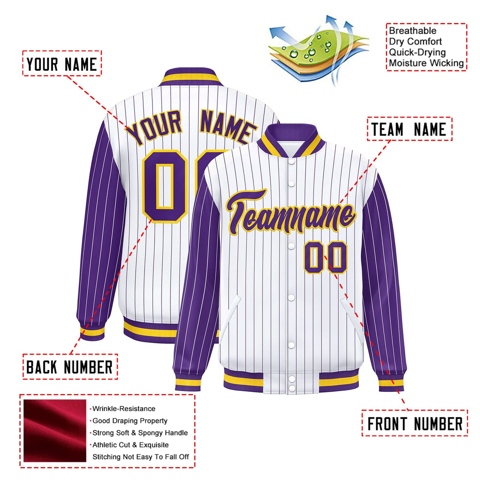 Custom White Purple Pinstripe Glod-Purple Bomber Full-Snap Varsity Letterman Jacket
