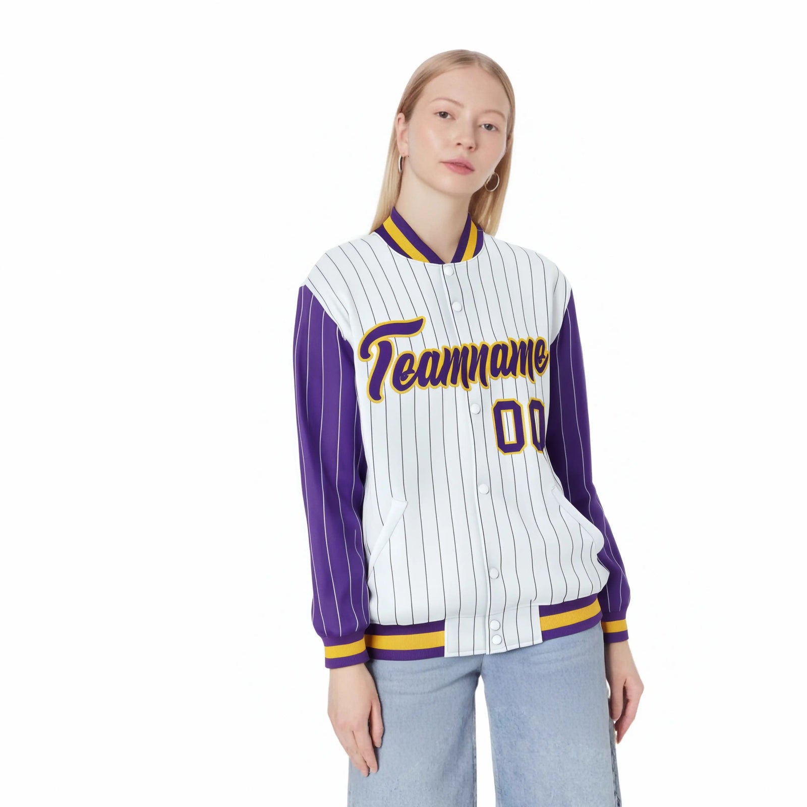 Custom White Purple Pinstripe Glod-Purple Bomber Full-Snap Varsity Letterman Jacket