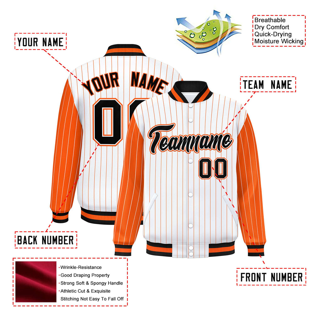 Custom White Orange Pinstripe Orange-Black Bomber Full-Snap Varsity Letterman Jacket