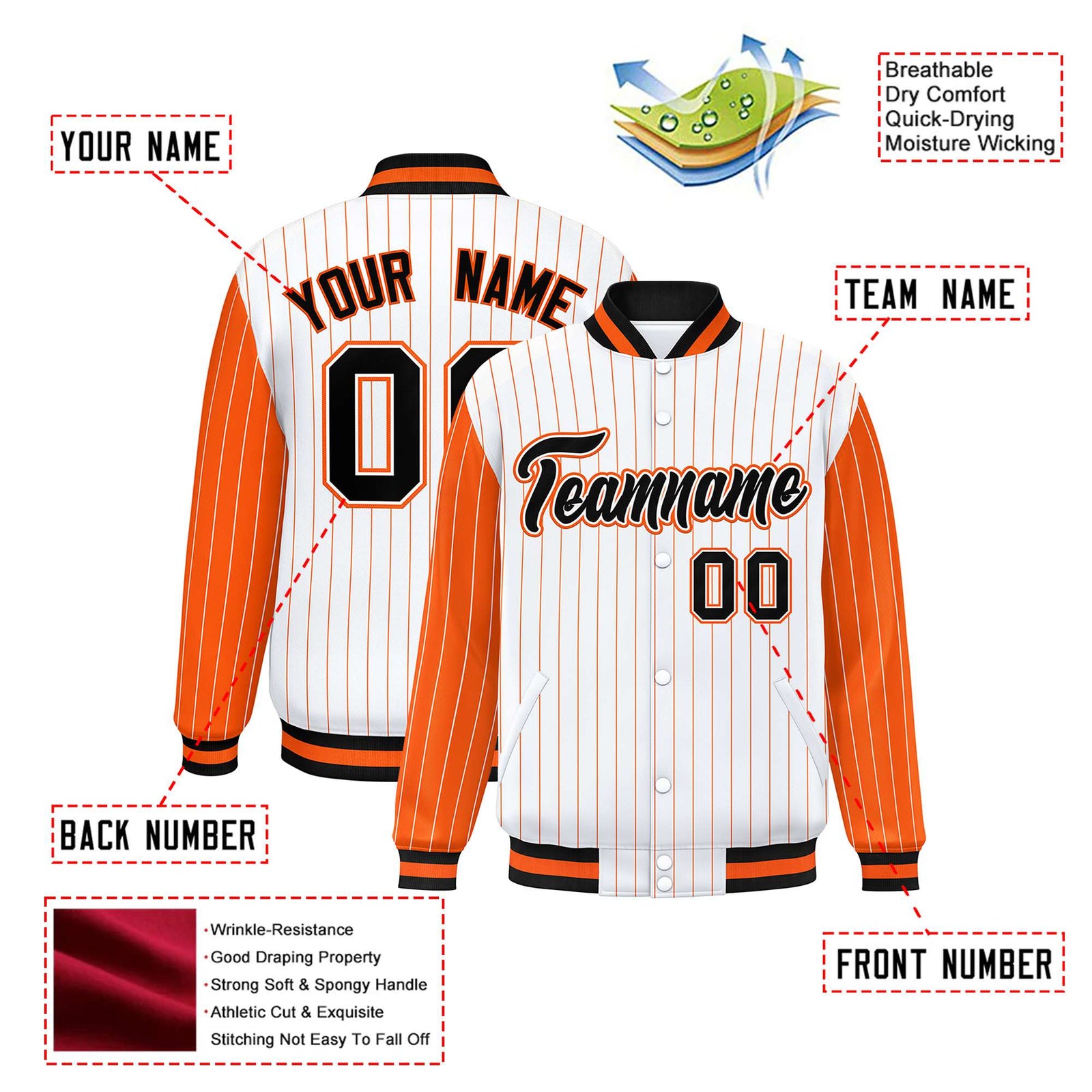 Custom White Orange Pinstripe Orange-Black Bomber Full-Snap Varsity Letterman Jacket