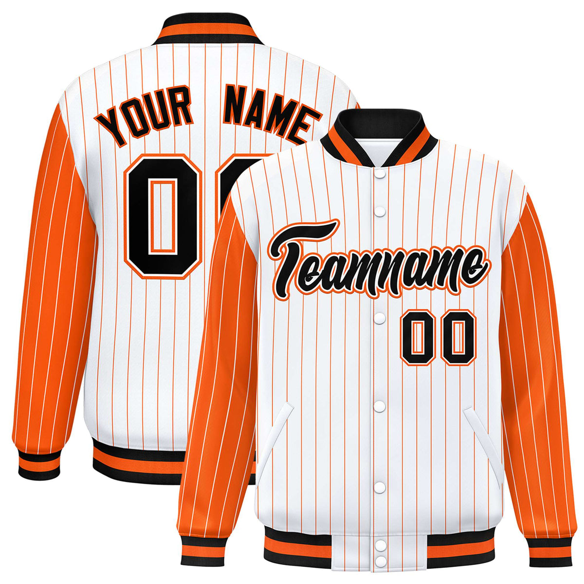 Custom White Orange Pinstripe Orange-Black Bomber Full-Snap Varsity Letterman Jacket