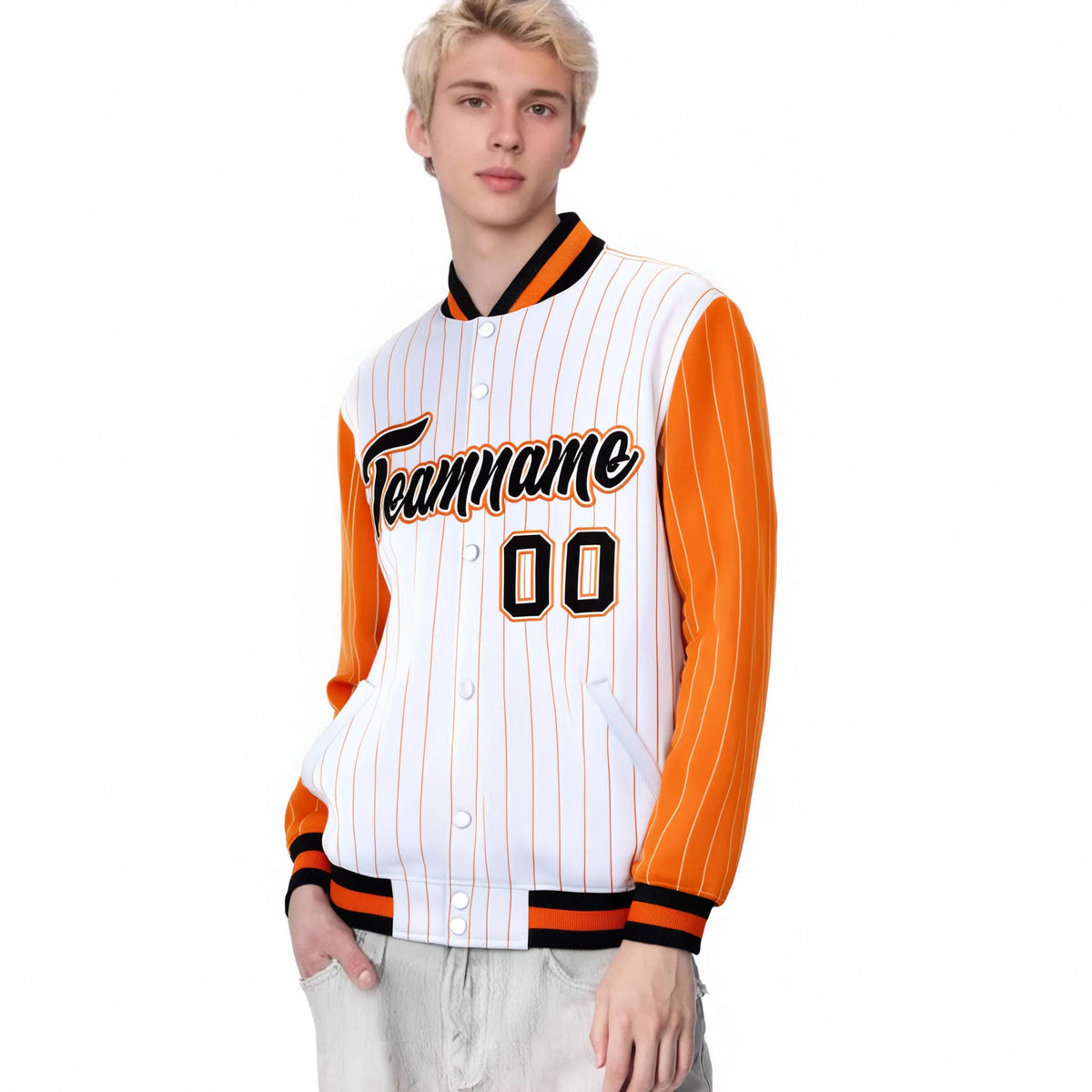 Custom White Orange Pinstripe Orange-Black Bomber Full-Snap Varsity Letterman Jacket