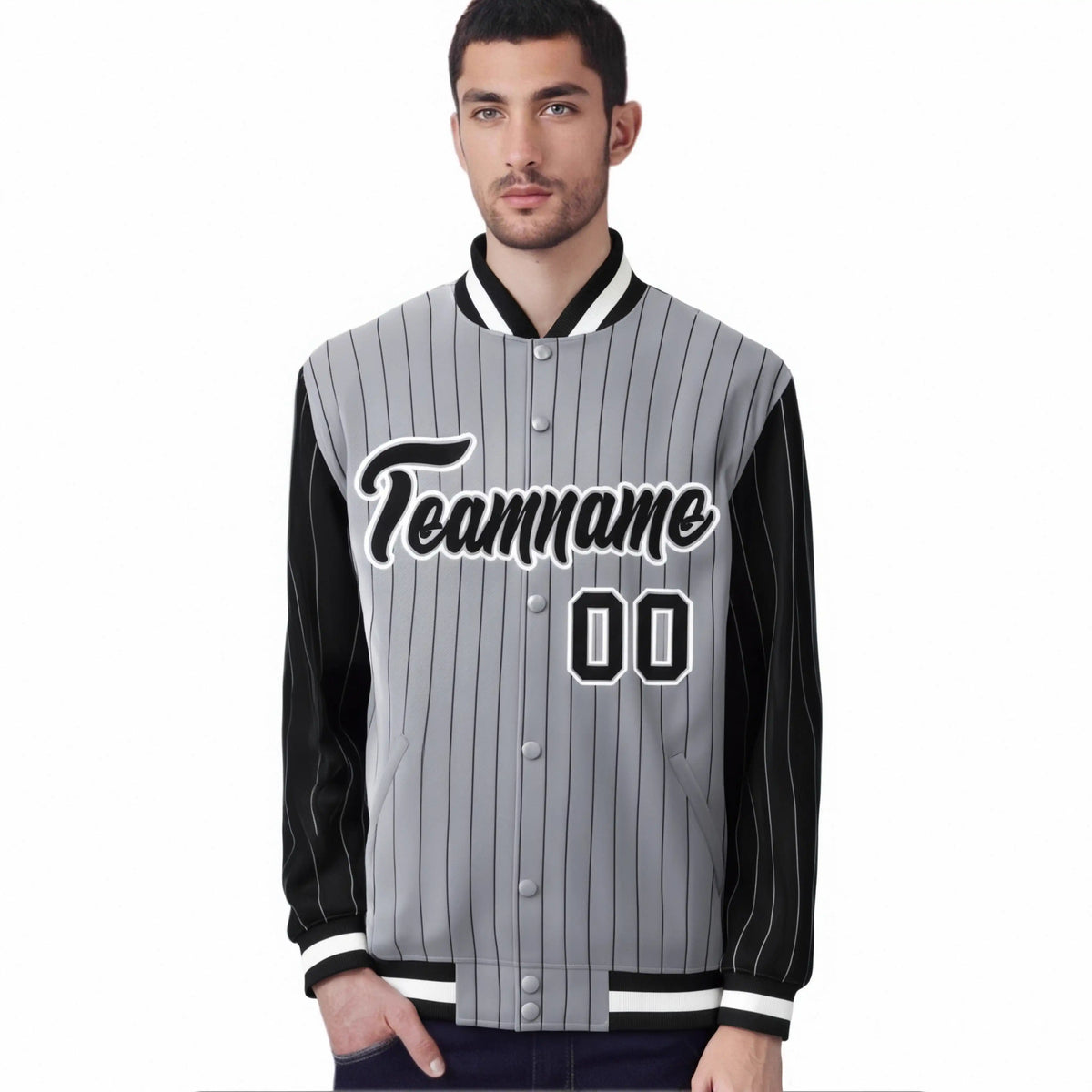 Custom Gray Black Pinstripe White-Black Bomber Full-Snap Varsity Letterman Jacket