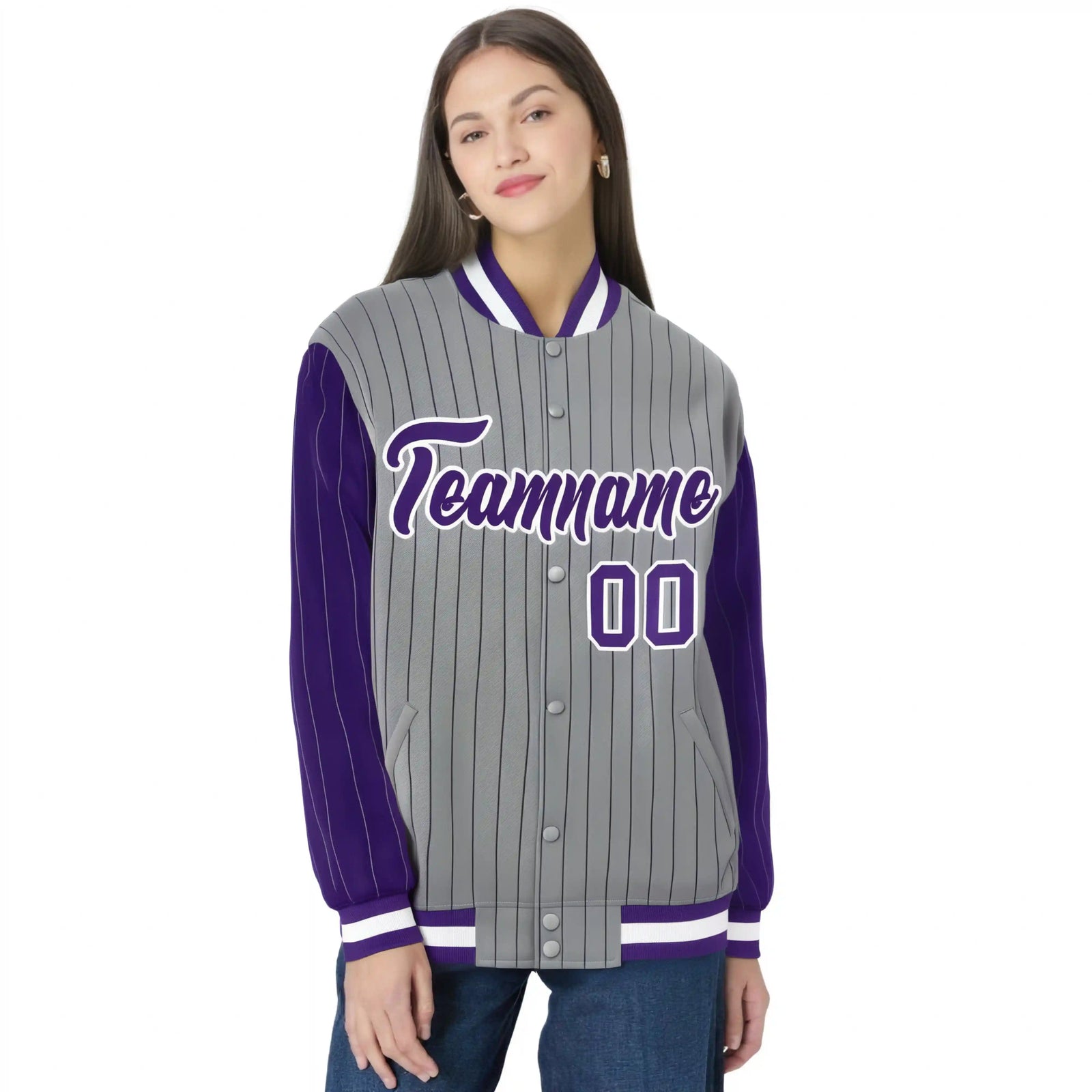Custom Gray Purple Pinstripe White-Purple Bomber Full-Snap Varsity Letterman Jacket