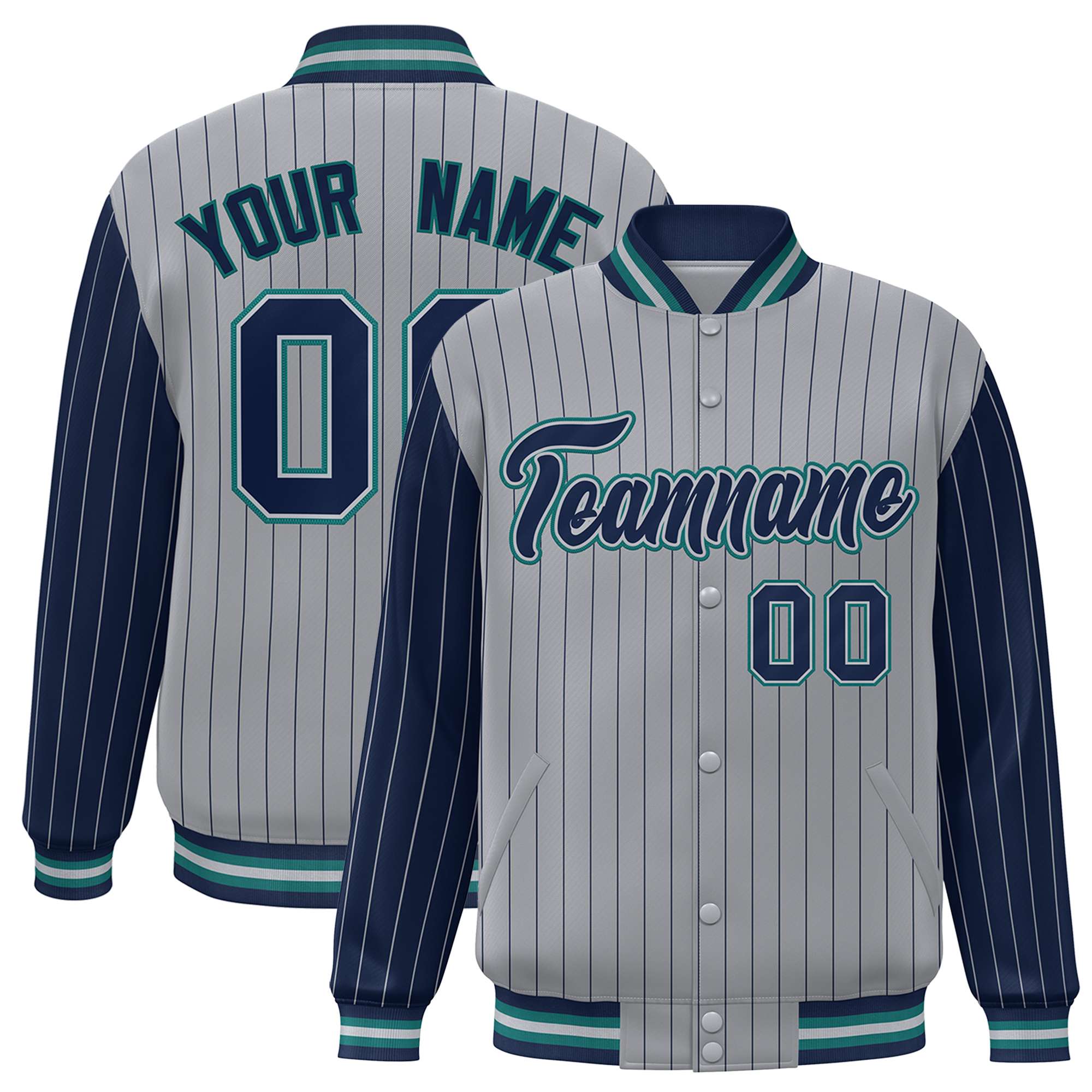 Custom Gray Navy Pinstripe Aqua-Navy Bomber Full-Snap Varsity Letterman Jacket