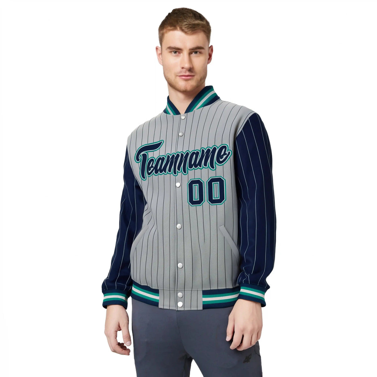 Custom Gray Navy Pinstripe Aqua-Navy Bomber Full-Snap Varsity Letterman Jacket